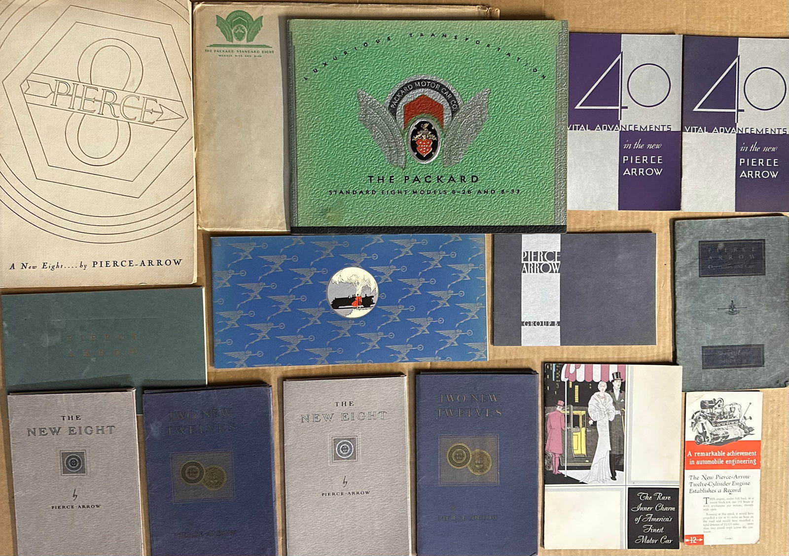 Thirteen items - two Packard, 1929 645 and 1931 826-833 catalogs, two each 1932 Pierce 8 and V 12 (1 of 3)