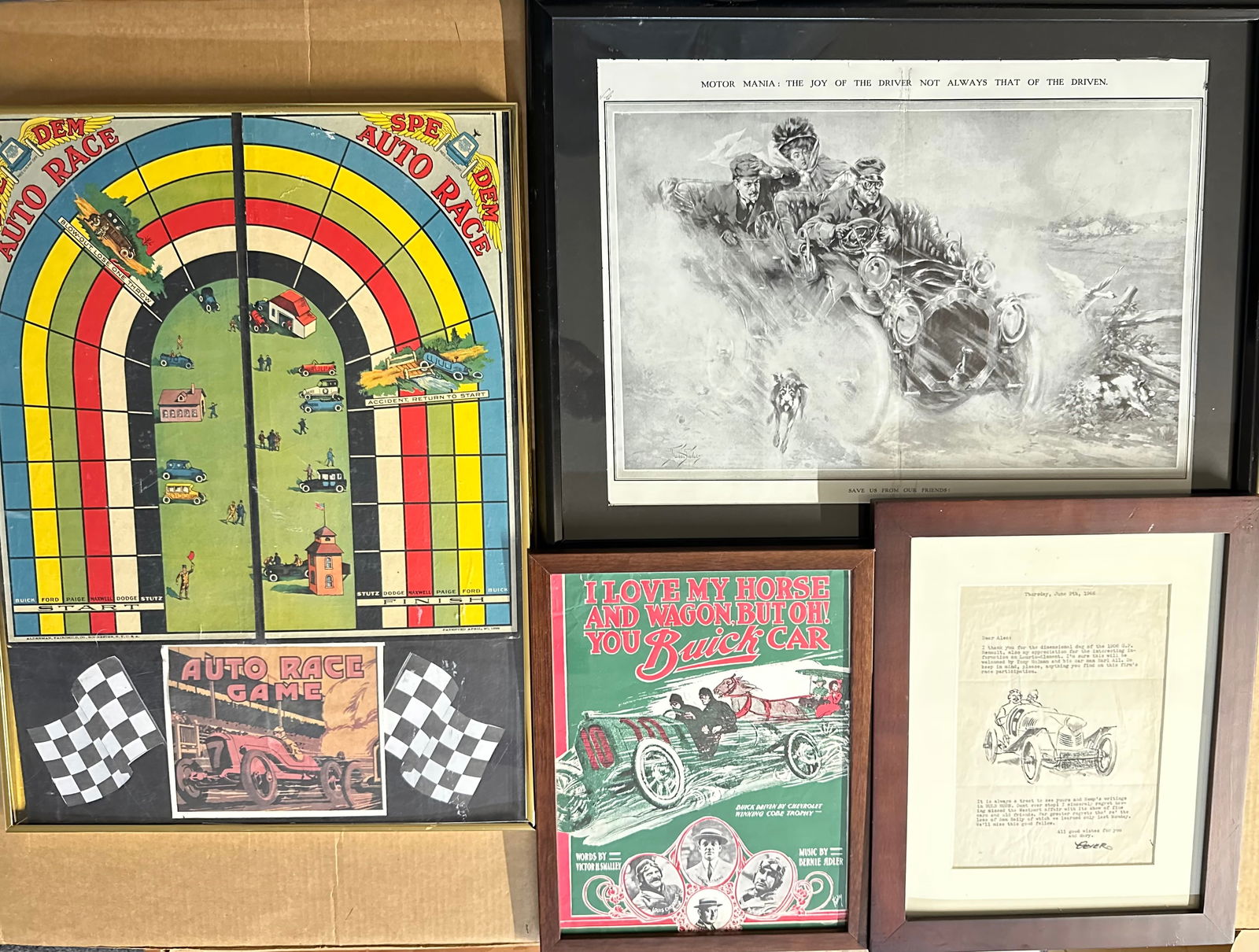 Four US related framed items - colorful ca 1920’s Auto race game board, 28 x 19, ca 1908 Motor (1 of 4)
