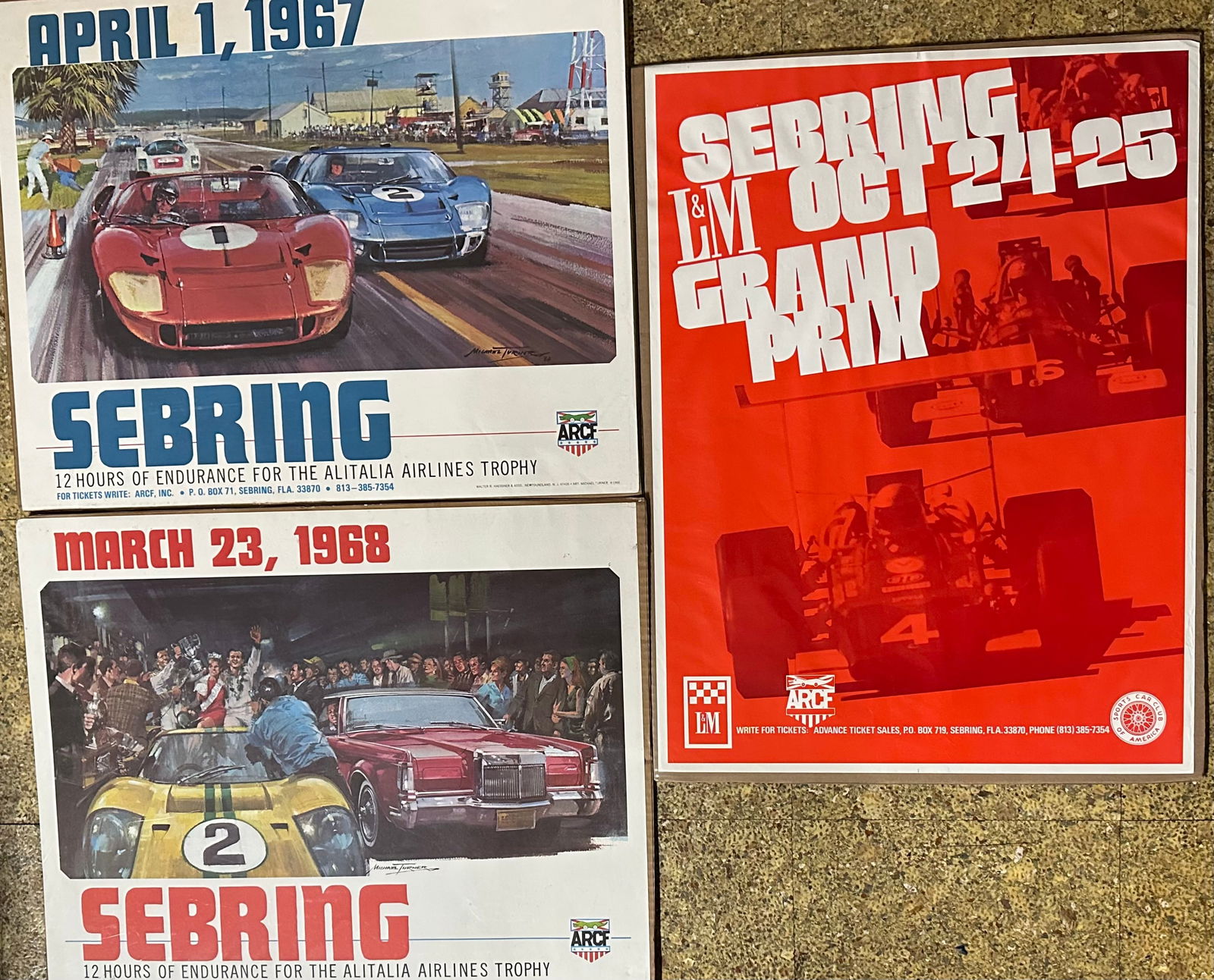 Three original period Sebring Race posters - 1967, 24 x 19, 1968, 24 x 19, ca early 1970’s, (1 of 3)