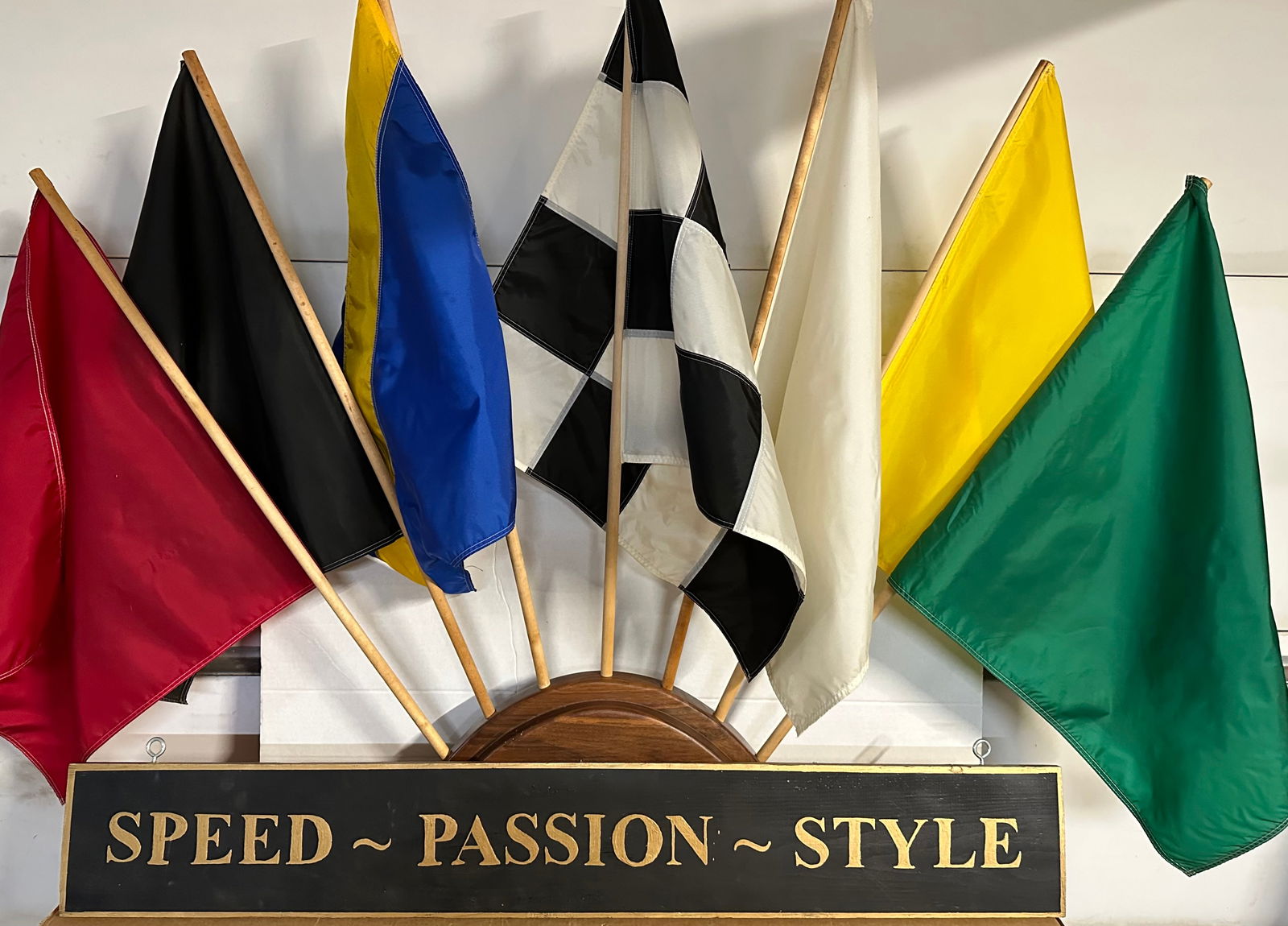 Full size set of racing starters flags - seven flags, 24 x 24 each with heavy wood mounted base, cap (1 of 4)