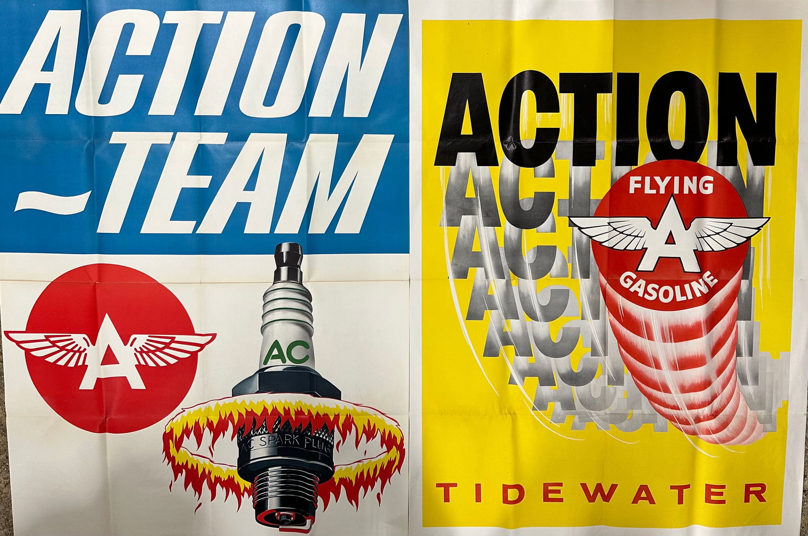 Three Tidewater Flying A gas station posters, two with AC spark plug, one Tidewater Flying A, mailed (1 of 2)