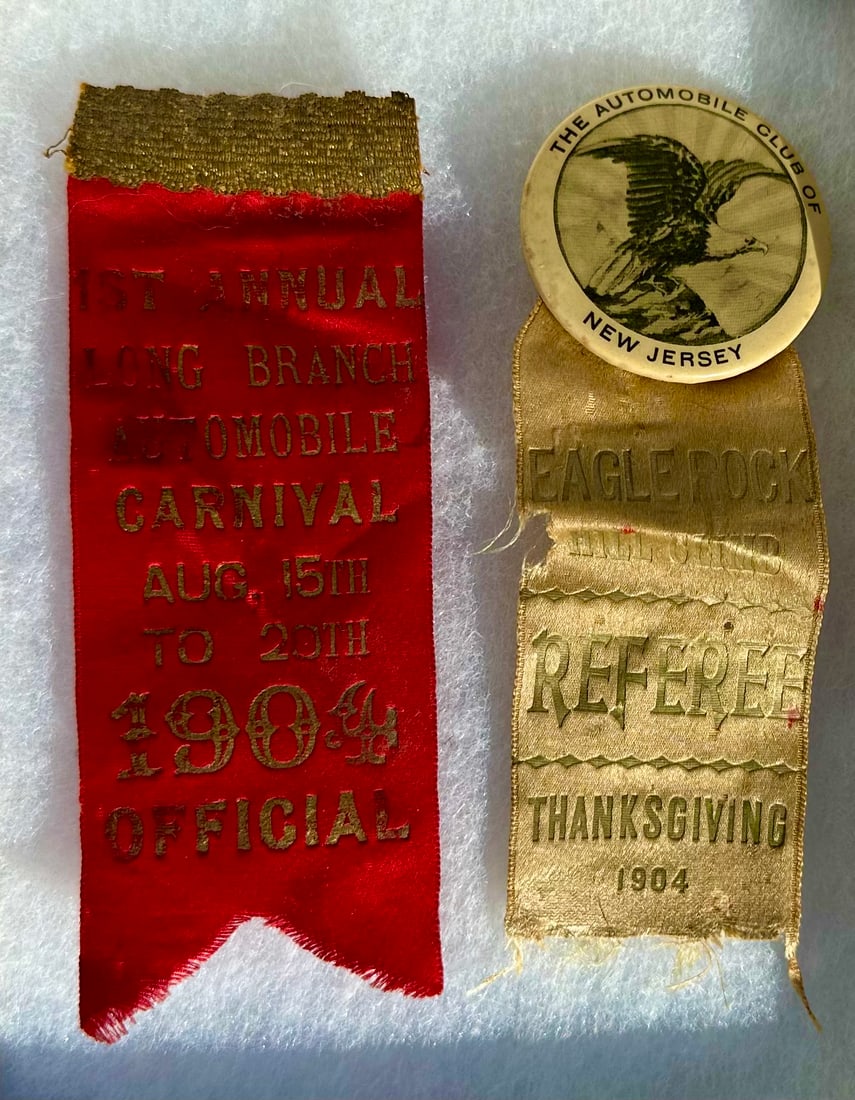 Two ribbons - 1st Annual Long Branch Auto Carnival, Aug 15th to 20th 1904 Official, 5 x 2, and Auto (1 of 3)