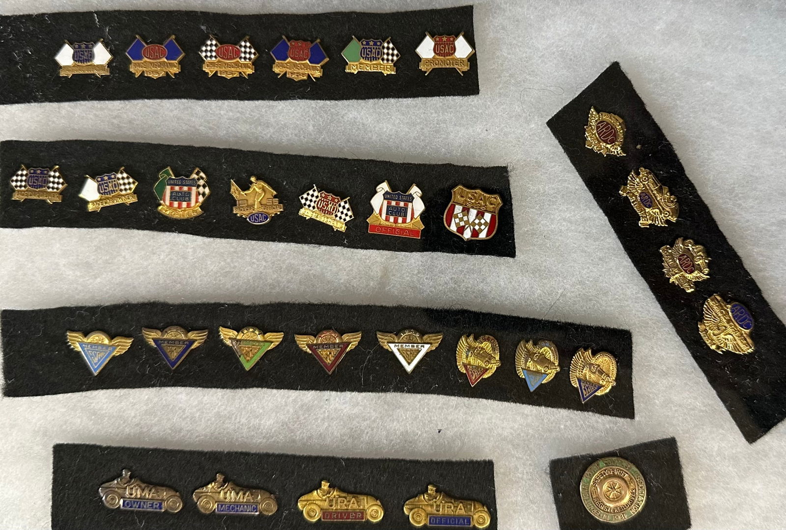 Thirty race related lapel pins from various racing associations, UMA, URA, CSRA, USAC, ARDC, etc, (1 of 3)