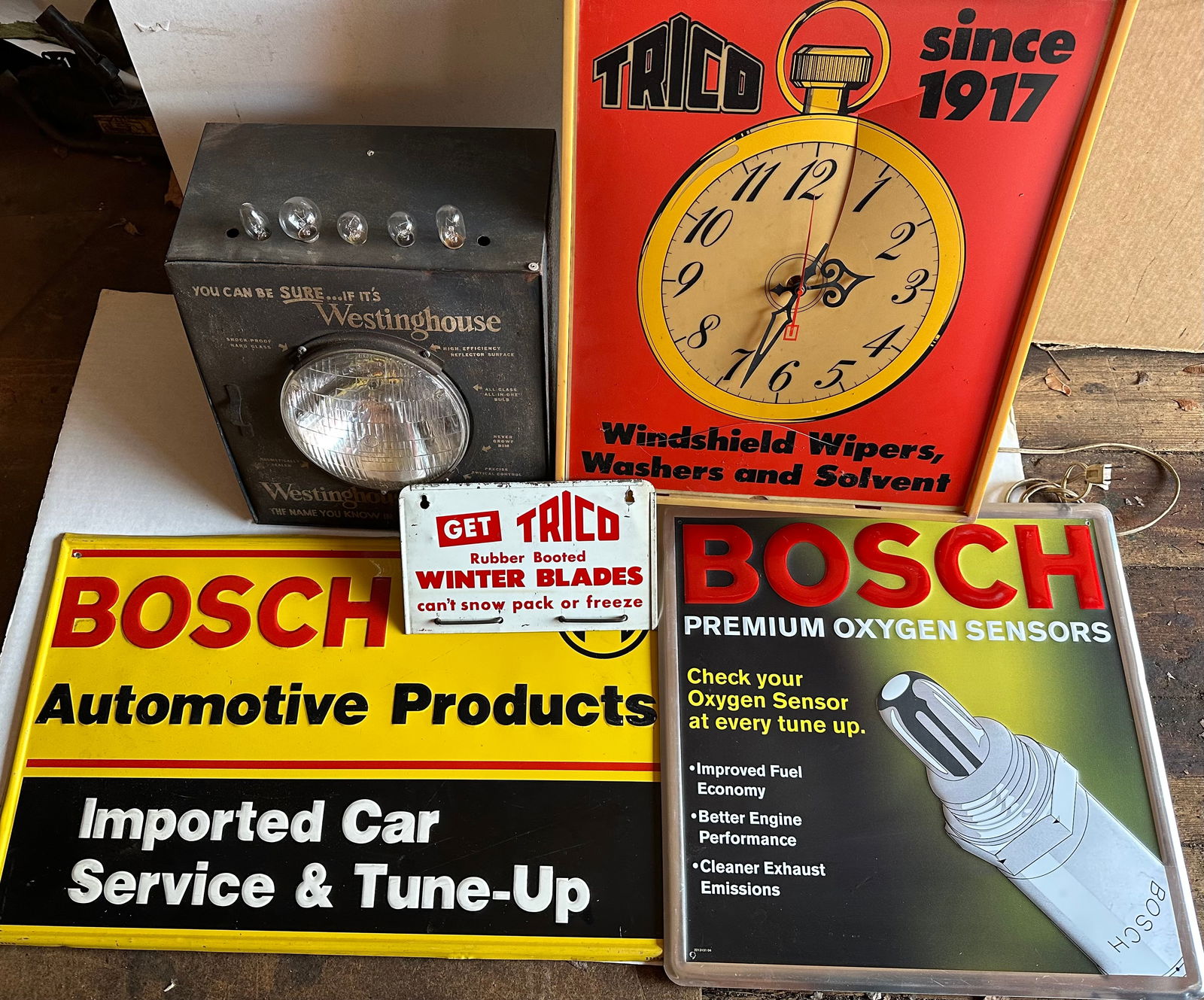 Graphic garage display lot - Trico clock, 16 x 22, (plastic face has some hazing, also cracked), (1 of 4)