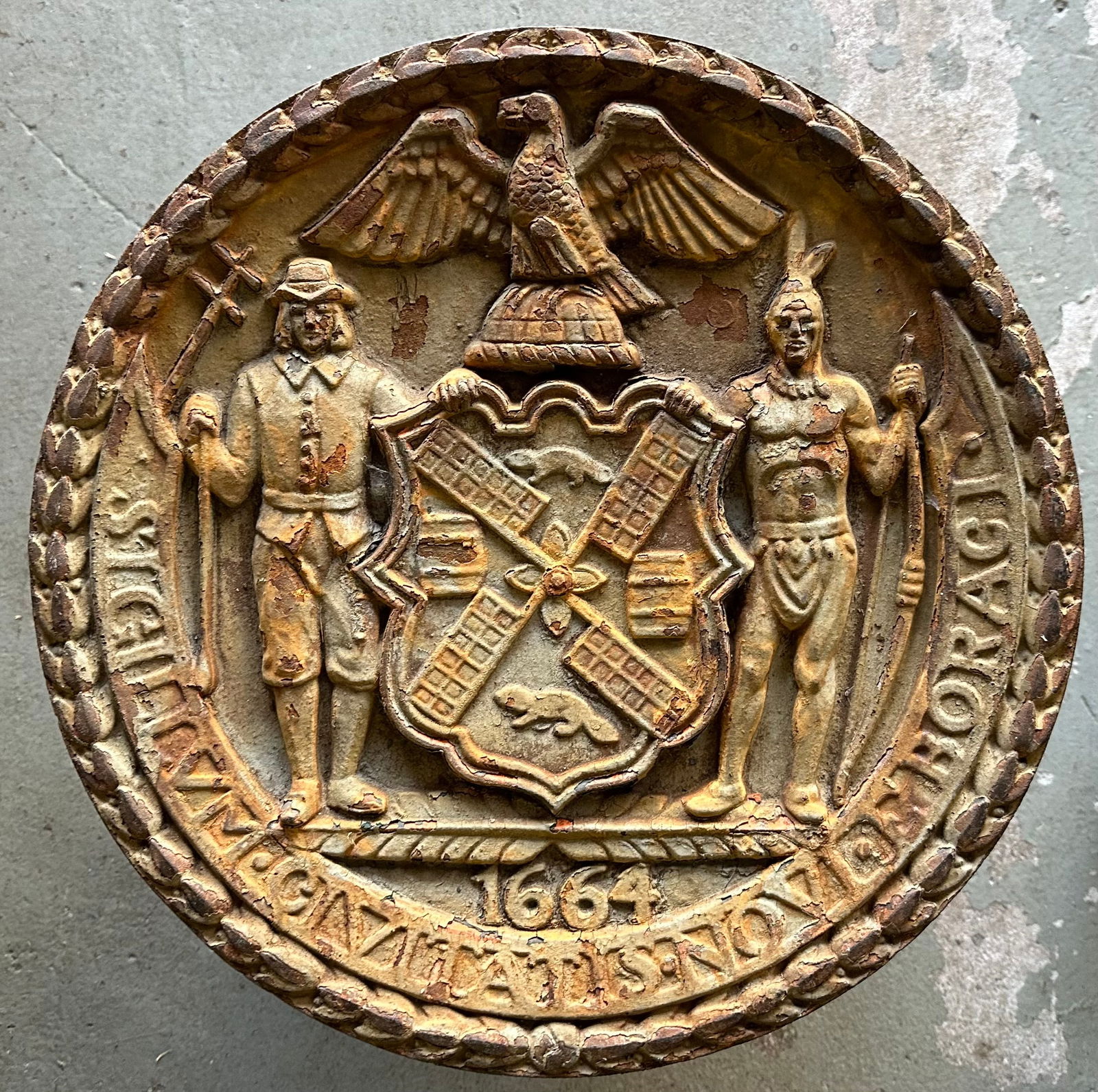 Heavy cast iron New York state seal that was mounted on the side of West Side Hwy, New York City, 18 (1 of 2)