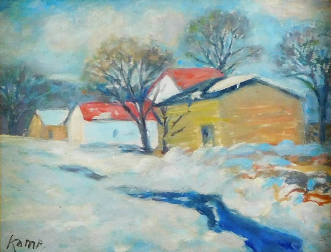 Louise Mary Wahl Kamp (American, 1867-1959) winter scene, oil on artist board, snow covered field (1 of 4)