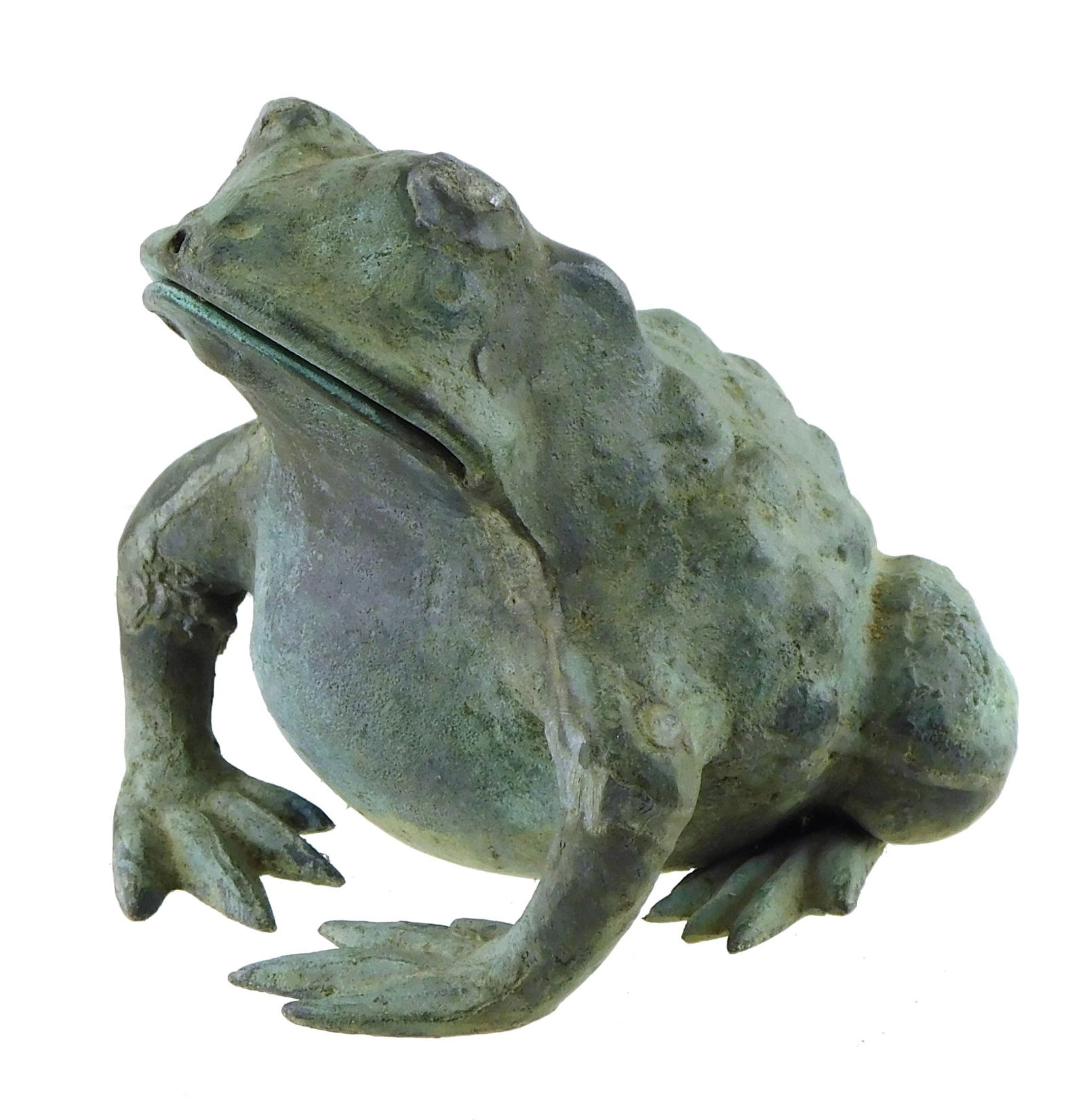 GARDEN: Bronze frog fountain, 20th C., green patina, frog is facing up with spout at nose, front (1 of 5)