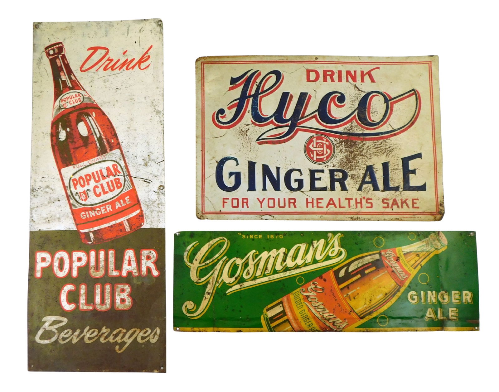 Three soda advertising tin signs, 20th C., including: Gosman's Ginger Ale, green background with (1 of 7)
