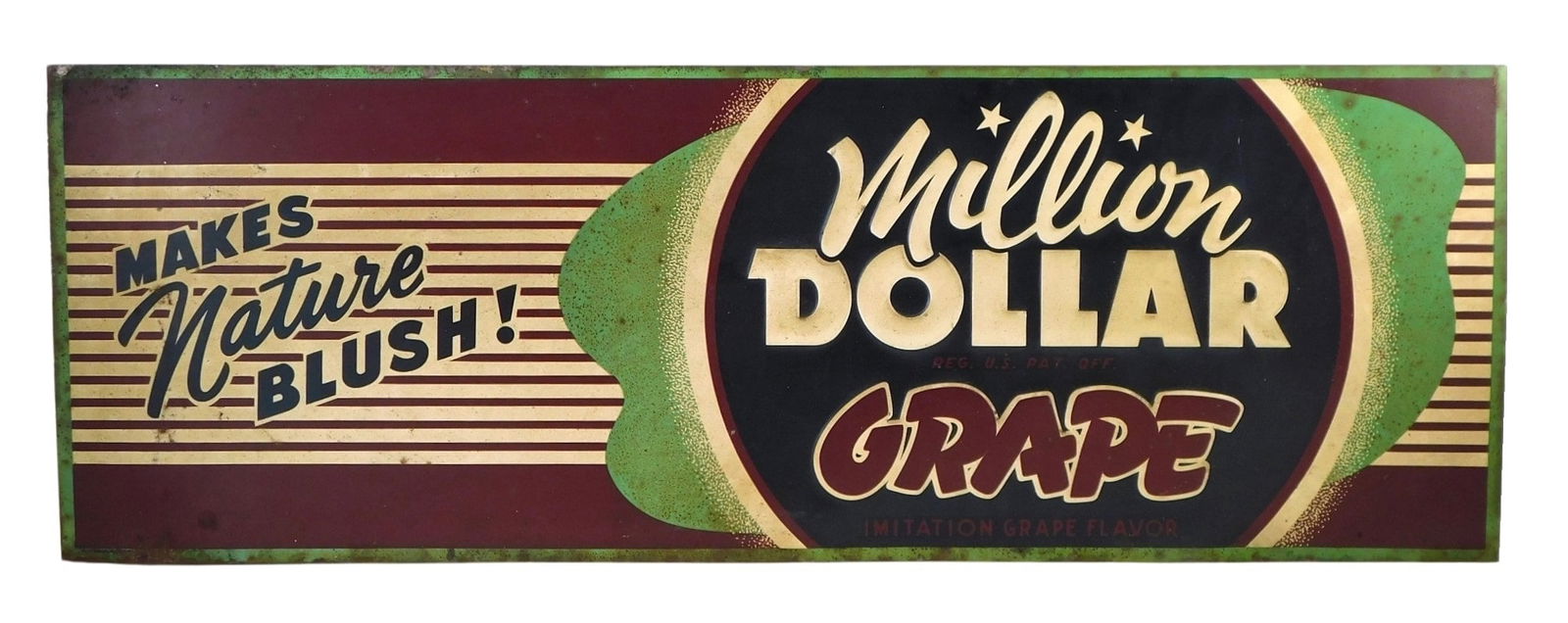 Million Dollar Grape, embossed tin soda advertisement, 20th C., in green, purple and navy, Stout (1 of 4)