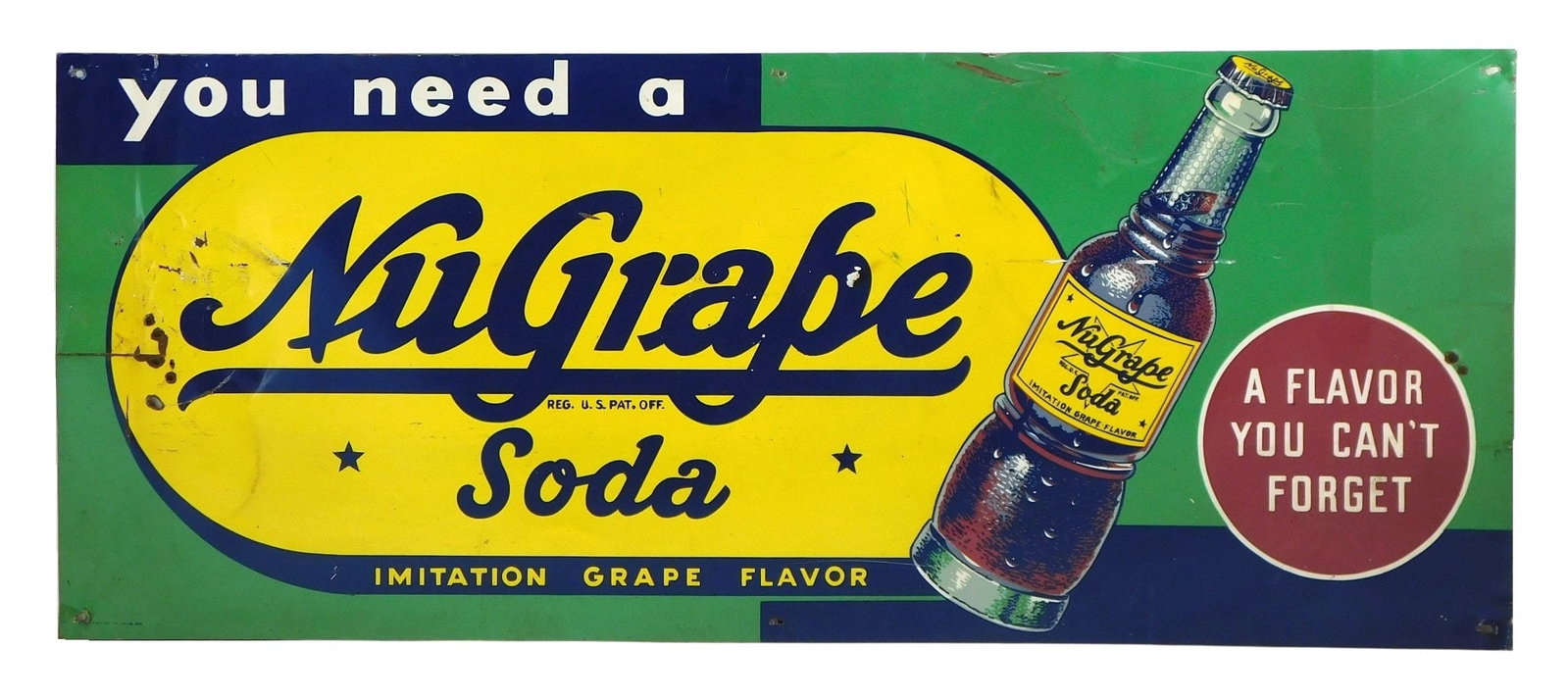 Nugrape Soda advertisement, early 20th C., tin sign with graphics in green, yellow, and blue, Stout: Nugrape Soda advertisement, early 20th C., tin sign with graphics in green, yellow, and blue, Stout Sign Co. (St. Louis, MO), wear consistent with age including bends, dents, bb gun holes, 3" crack on
