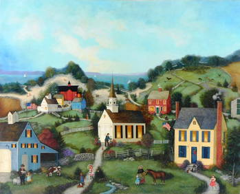 Linda Nelson Stocks (American, 1938 - 2011), "Seaside Village", oil on canvas, depicts a picturesque (1 of 6)