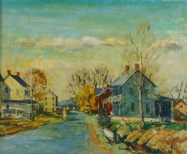 Walter Emerson Baum (American 1884-1956), oil on canvas, village street scene with a solitary figure: Walter Emerson Baum (American 1884-1956), oil on canvas, village street scene with a solitary figure on the road, signed lower right, 'W.E. Baum' and dated 'Nov. 1945', framed, wear consistent with ag