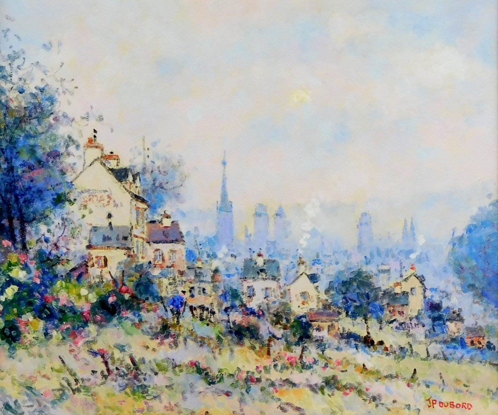 Jean-Pierre Dubord (France, 1949-), oil on canvas, village scene beyond a field of technicolor: Jean-Pierre Dubord (France, 1949-), oil on canvas, village scene beyond a field of technicolor flowers, several buildings and houses with smoking chimneys, in the background a hazy view of a city with