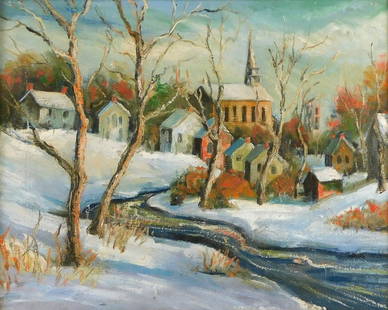 +Attributed to Walter Emerson Baum (American 1884-1956), oil on canvas, snowy winter landscape of: +Attributed to Walter Emerson Baum (American 1884-1956), oil on canvas, snowy winter landscape of small town or village, steepled church on a hill, unsigned, inscriptions verso, framed, wear consisten