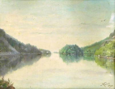 Nelson Augustus Moore (American, 1824 - 1902), oil on canvas, 1900, depicts narrows in calm lake: Nelson Augustus Moore (American, 1824 - 1902), oil on canvas, 1900, depicts narrows in calm lake with what appears to be fenced walkway at left, some rock slides visible on hillside, signed and dated