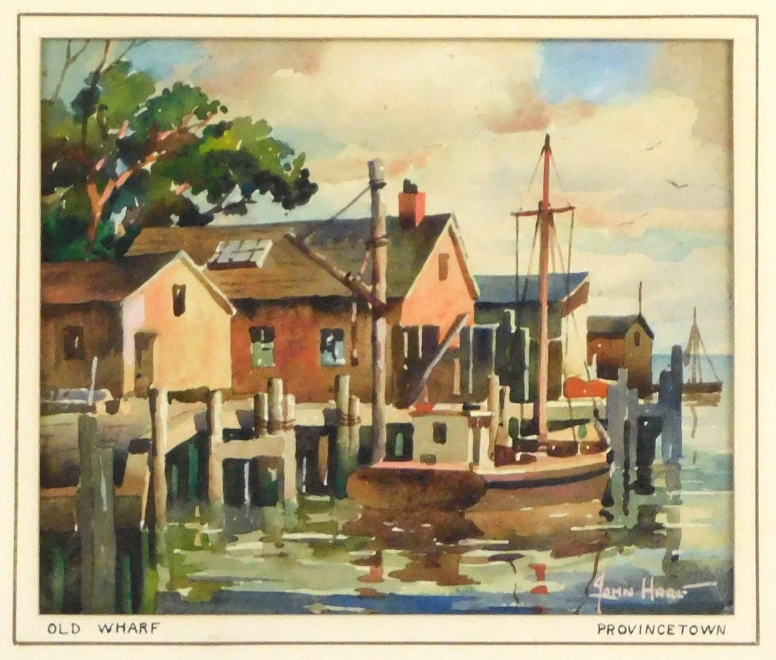 John Cuthbert Hare (American, 1908 - 1978), "Old Wharf, Provincetown", watercolor, depicts a Modern: John Cuthbert Hare (American, 1908 - 1978), "Old Wharf, Provincetown", watercolor, depicts a Modern style waterscape of fishing boat aside dock, small outbuildings perched on pier, etc., signed lower