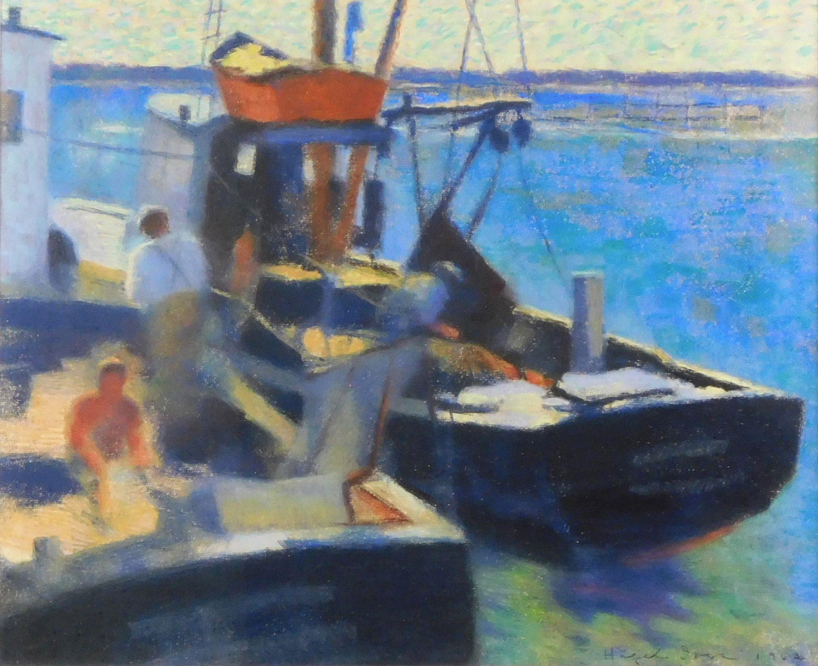 Hazel Beauregard Ives (Massachusetts / Connecticut, 1888-1983), pastel on paper, Nantucket harbor: Hazel Beauregard Ives (Massachusetts / Connecticut, 1888-1983), pastel on paper, Nantucket harbor scene of docked boats, three men working throughout, signed and dated 1962 lower right, verso with sti
