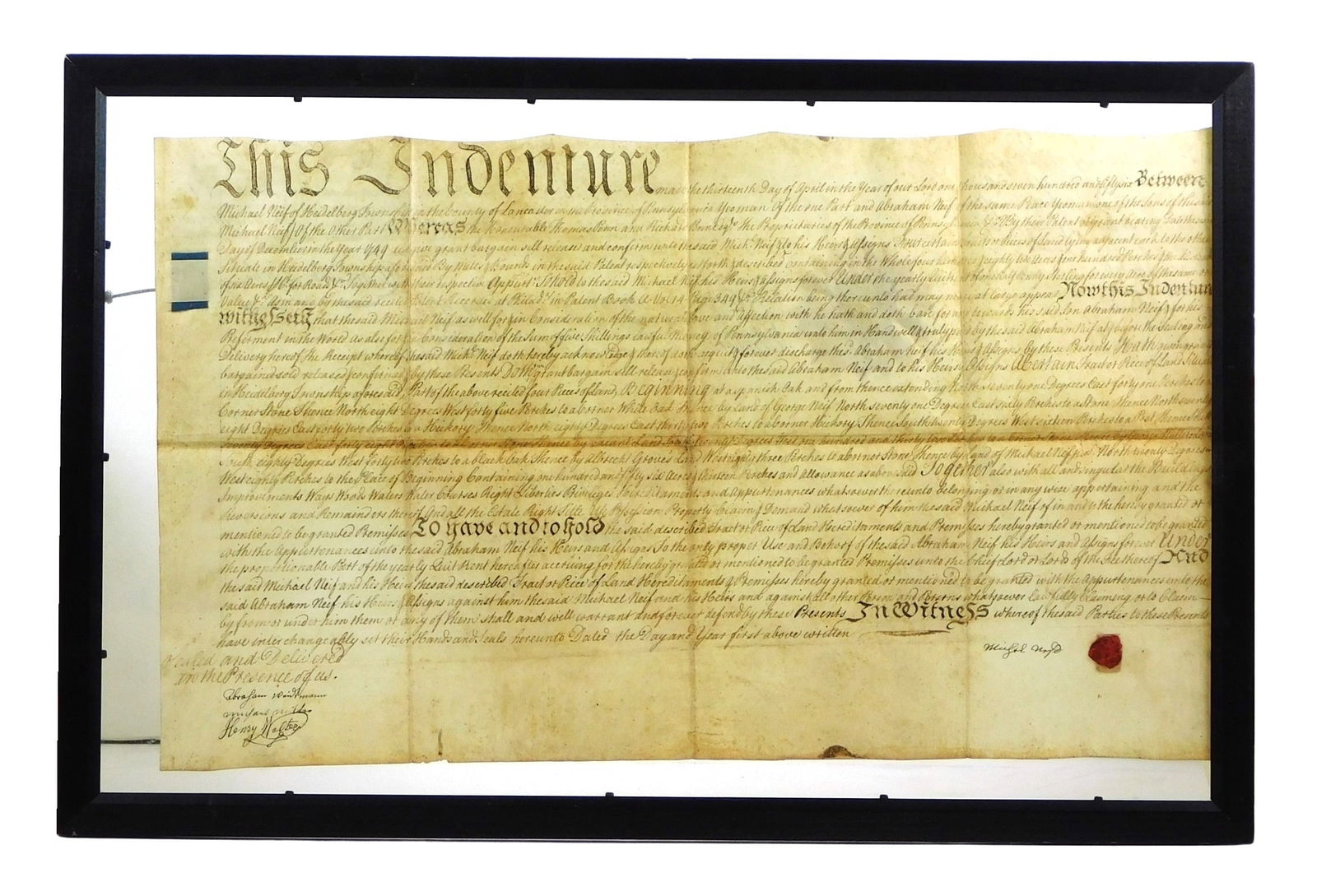 DOCUMENT: 1749 Indenture manuscript, American, Neff Family (spelled Neif on document) of Heidelberg (1 of 8)