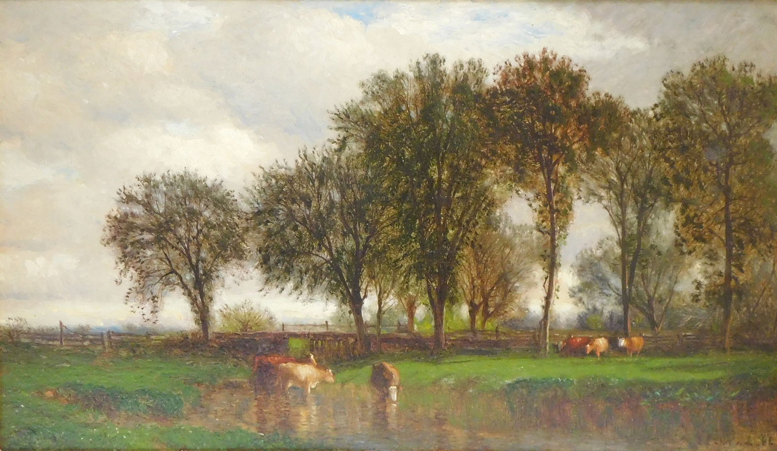 Samuel Colman (American, 1832-1920), oil on board, traditional summer landscape with cows drinking: Samuel Colman (American, 1832-1920), oil on board, traditional summer landscape with cows drinking from pond and grazing, trees and bridge in background, signed and dated lower right, gilt frame, wear