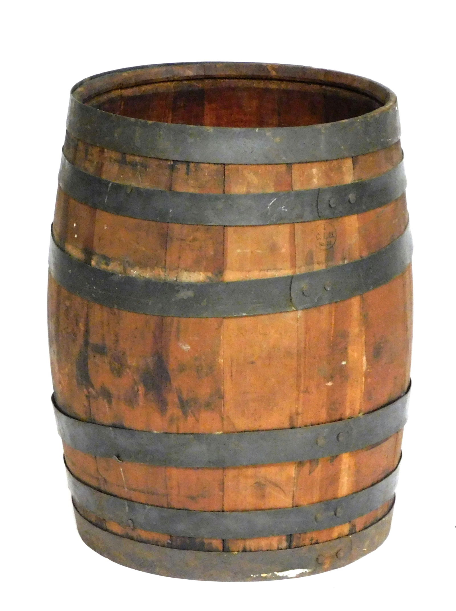 Early barrel with red stain, American, 19th/ 20th C., five metal straps to exterior, stamped at base: Early barrel with red stain, American, 19th/ 20th C., five metal straps to exterior, stamped at base "Old Time N. E, Mince Meat", stamped on side "I. C. I. U. No. 22", remains of paper label to side f
