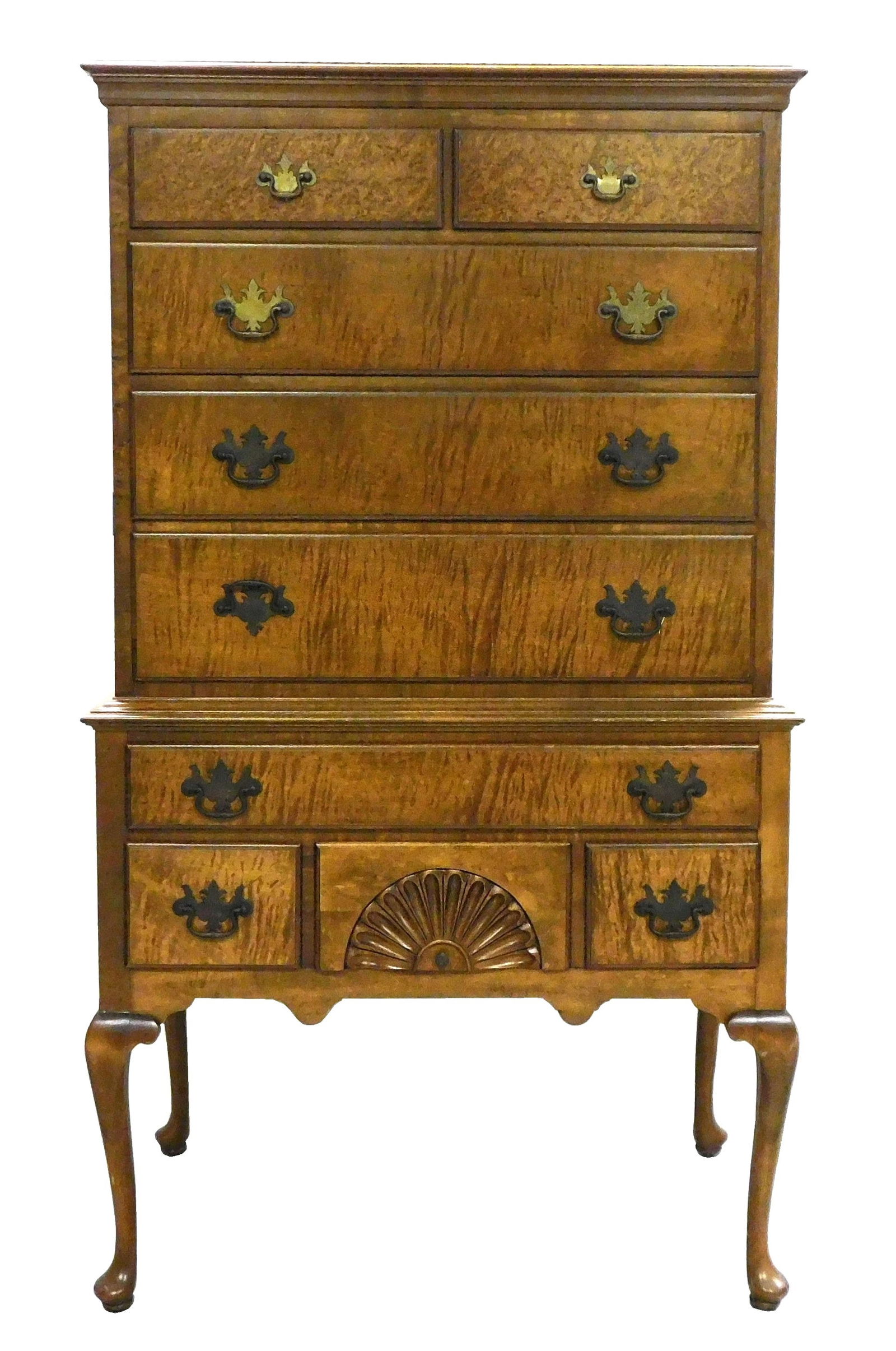 20th C. Highboy with figured maple veneer, American, made by West Michigan Furniture Co., Holland,: 20th C. Highboy with figured maple veneer, American, made by West Michigan Furniture Co., Holland, Michigan, one piece, upper section with two short drawers over three graduated long drawers, lower se