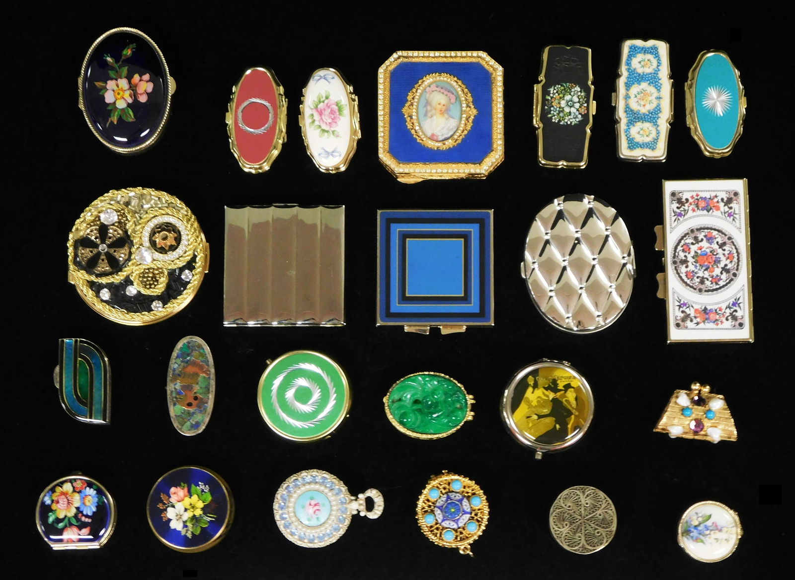 Twenty-four pill boxes, compacts and other small boxes, modern, materials include sterling, 800 (1 of 3)