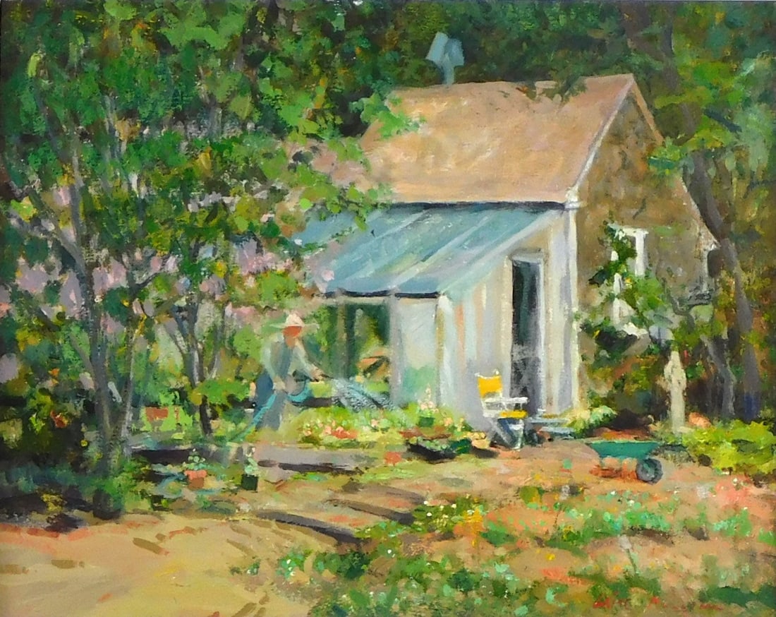 20th C. oil on canvas landscape, indistinctly signed at lower right, depicts a figure in overalls: 20th C. oil on canvas landscape, indistinctly signed at lower right, depicts a figure in overalls and straw hat watering garden in summertime, greenhouse and trees in background, framed, wear consiste