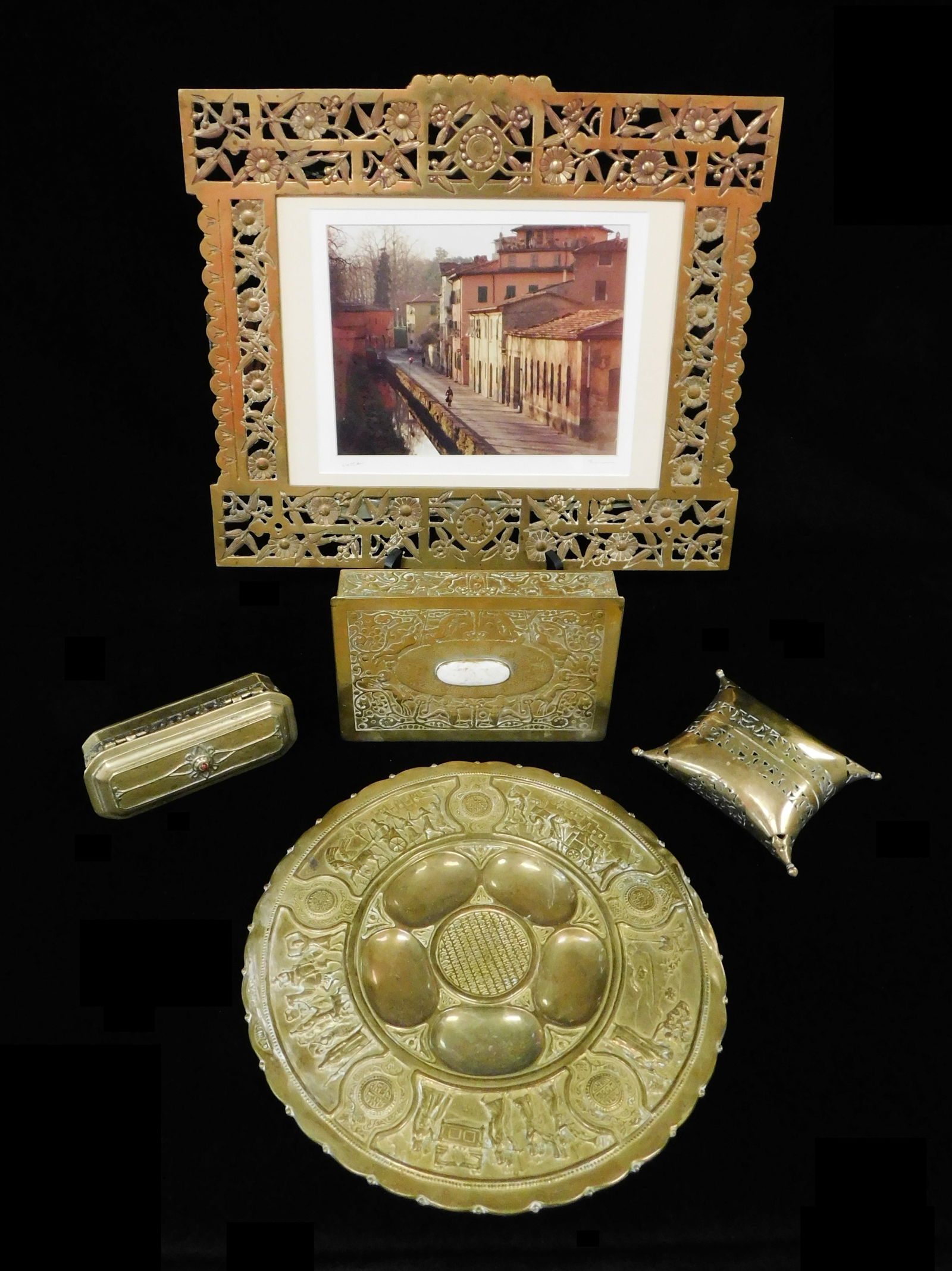 Five brass pieces, including: tobacco box with cabochon redstone, and raised ornate designs on sides (1 of 7)