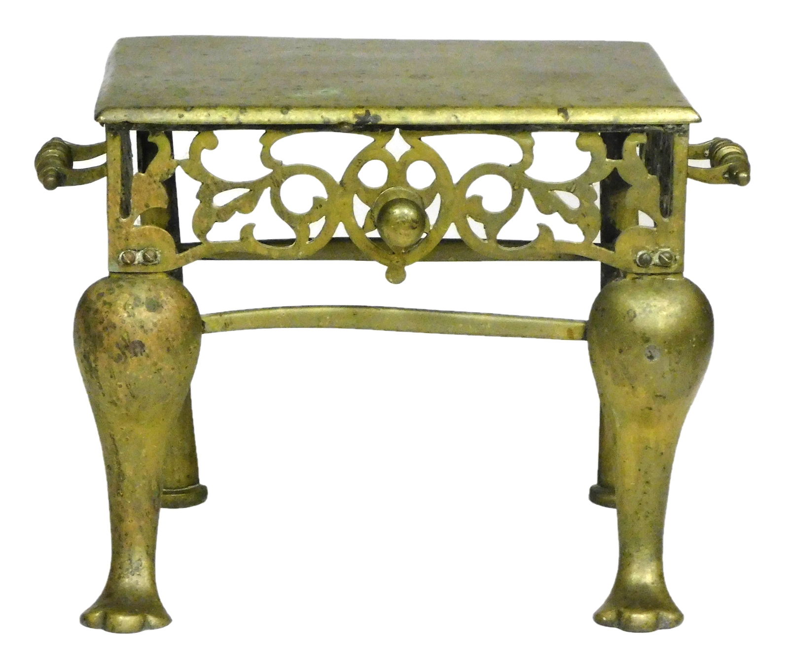 Late 19th/20th C. Brass trivet with handles on either side, knob to front, ornate foliate designs, (1 of 5)