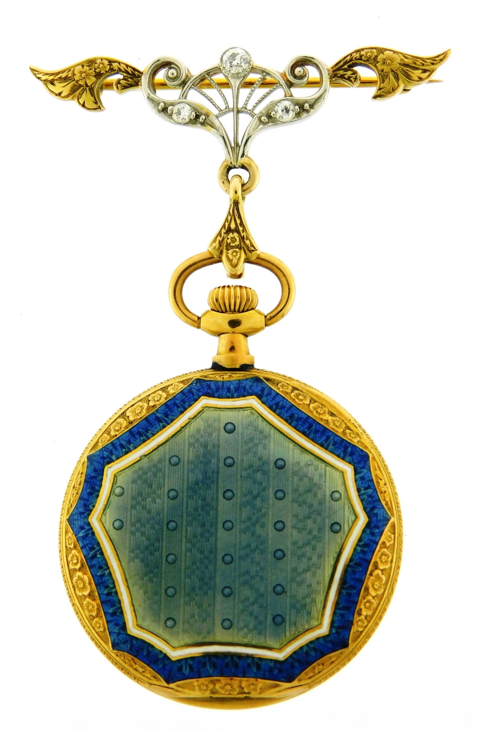JEWELRY: 18K Enameled pendant watch on 14K pin, watch with manual wind movement, signed “17 (1 of 2)