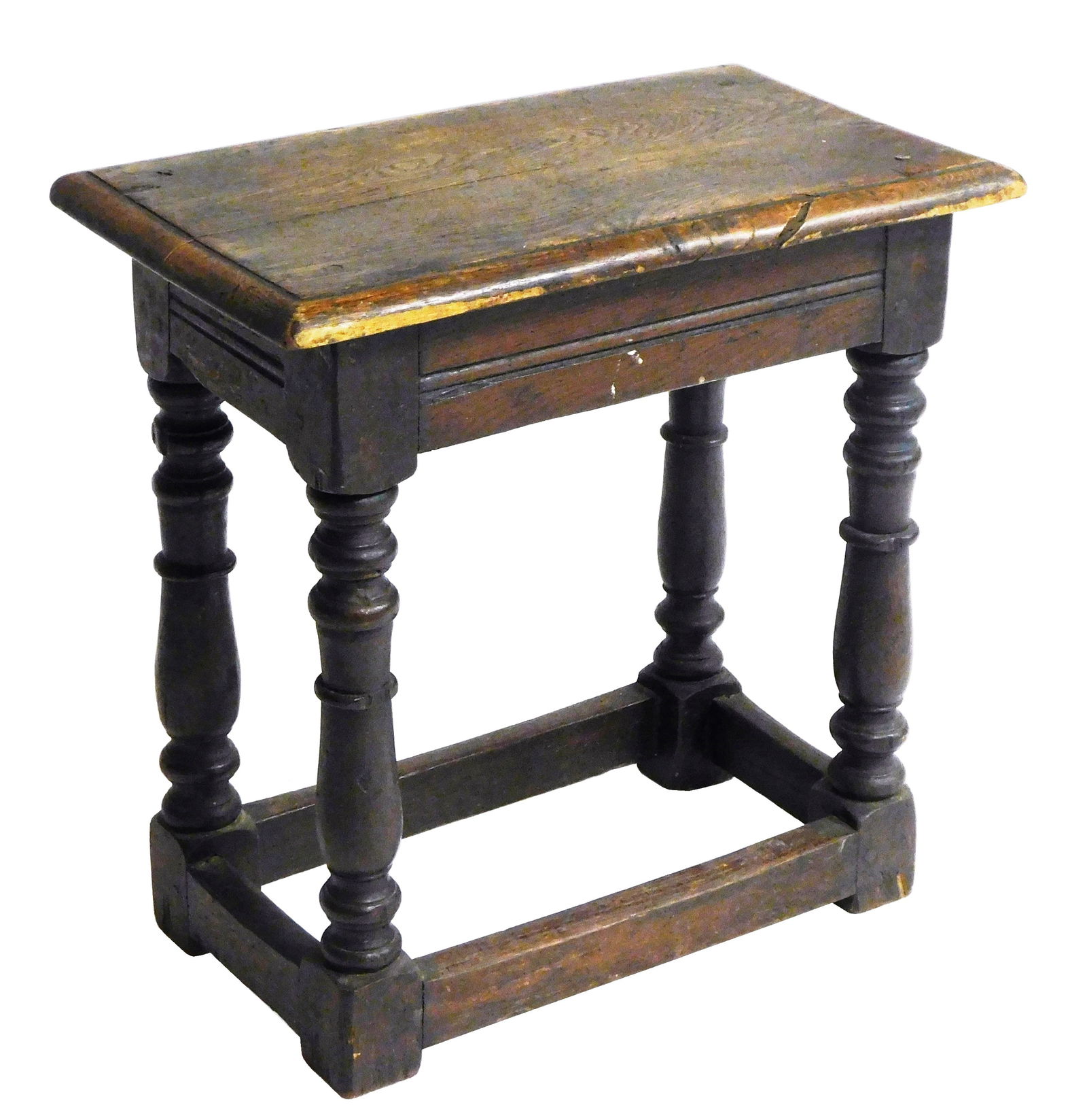 Joint stool, English, 20th C., oak reproduction of early stool in dark finish, thumb molded edge top (1 of 4)