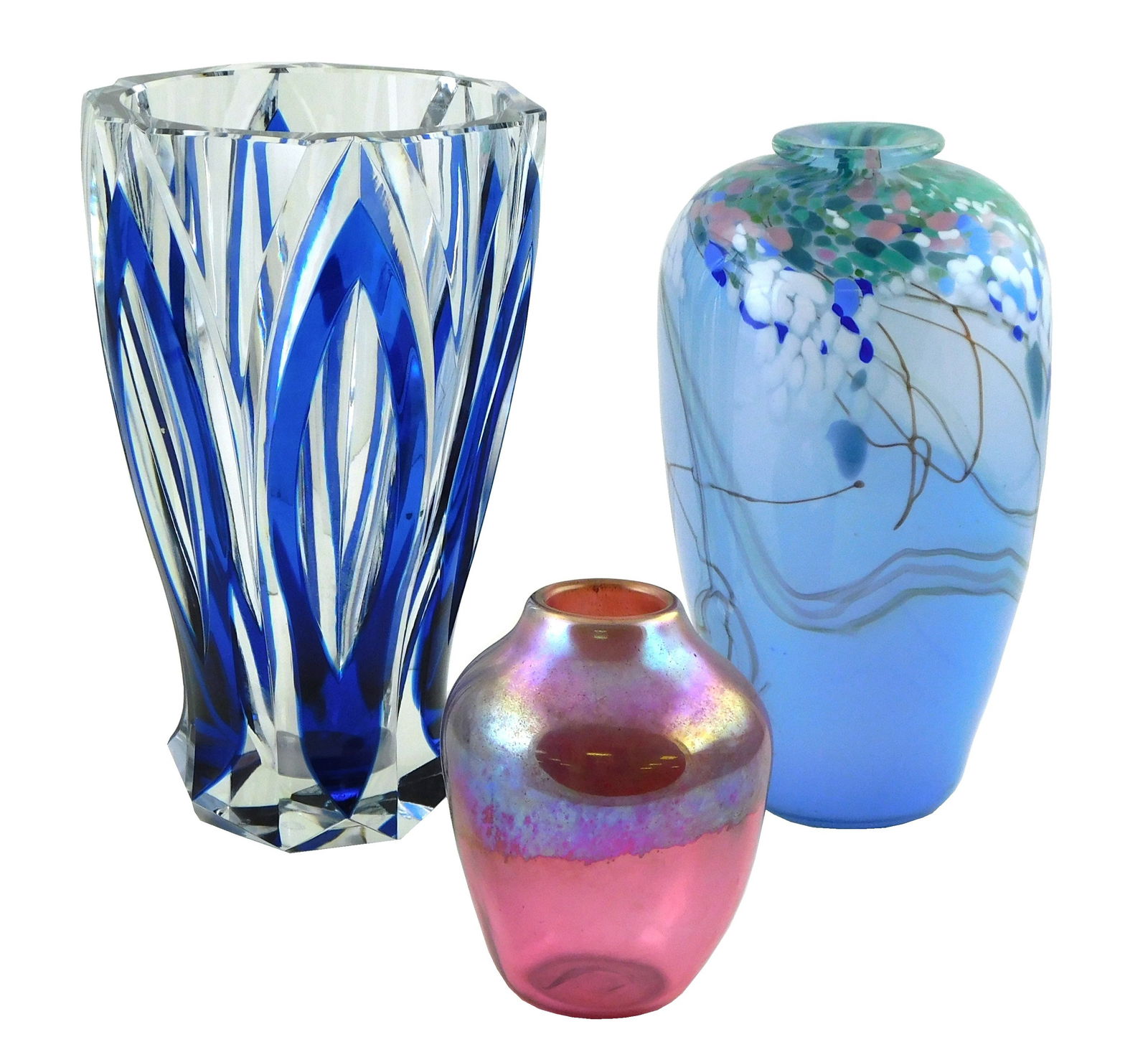 St. Louis, etc., three signed glass vases, including: St. Louis blue cut to clear bouquet vase, (1 of 4)
