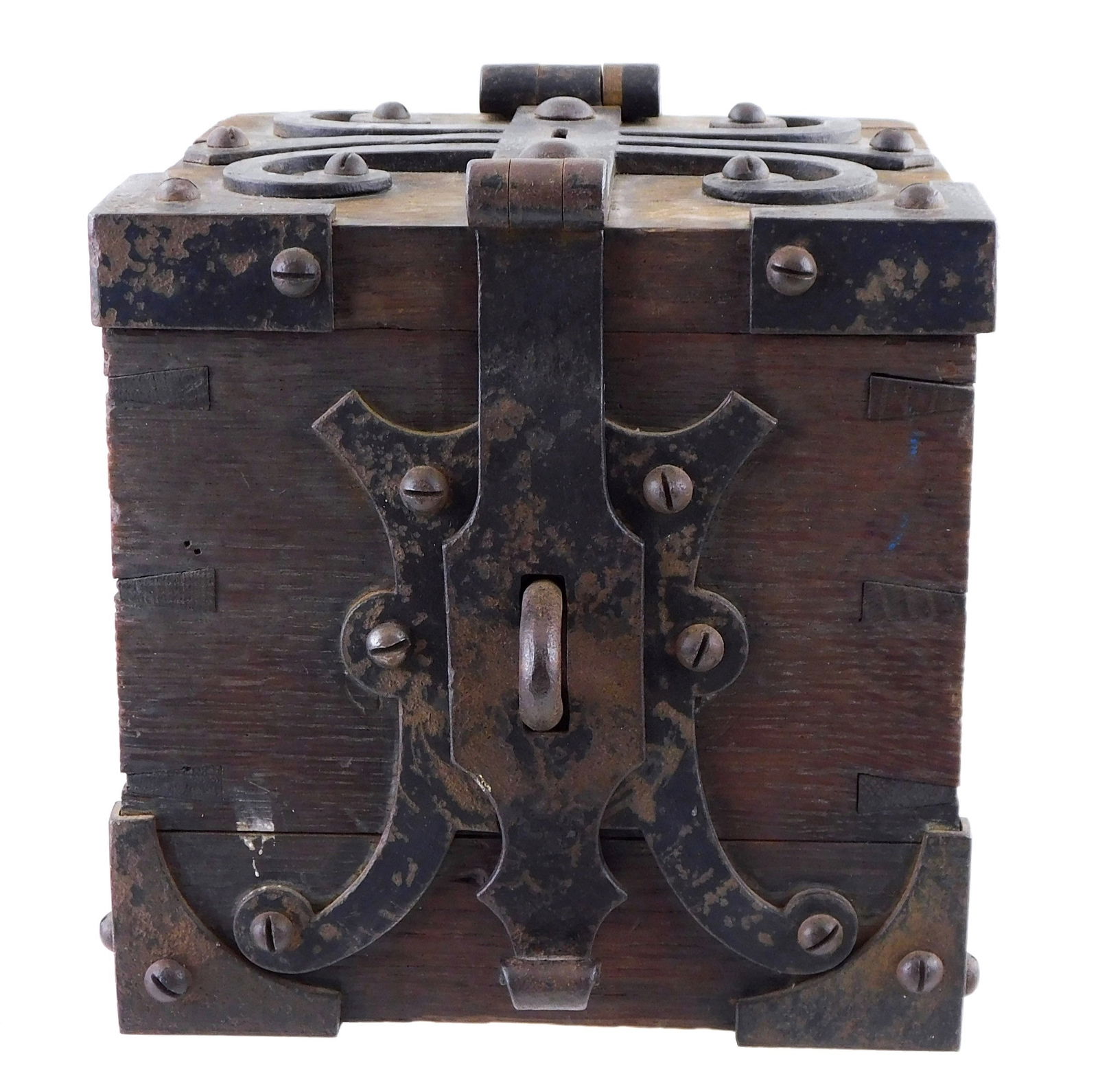 Late 19th C. or later lock box, with ornate wrought iron hasp and applied decoration, dovetail (1 of 5)