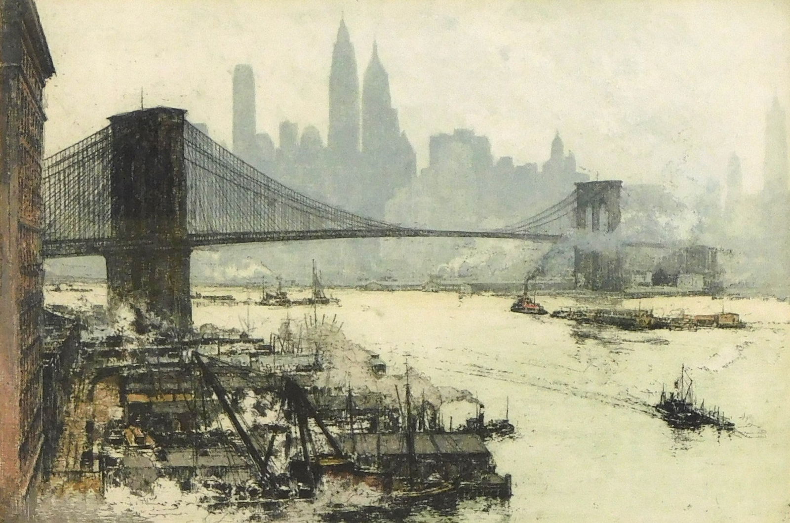 Luigi Kasimir (Austrian / American, 1881-1962), "New York, Brooklyn Bridge", c. 1930, colored (1 of 4)