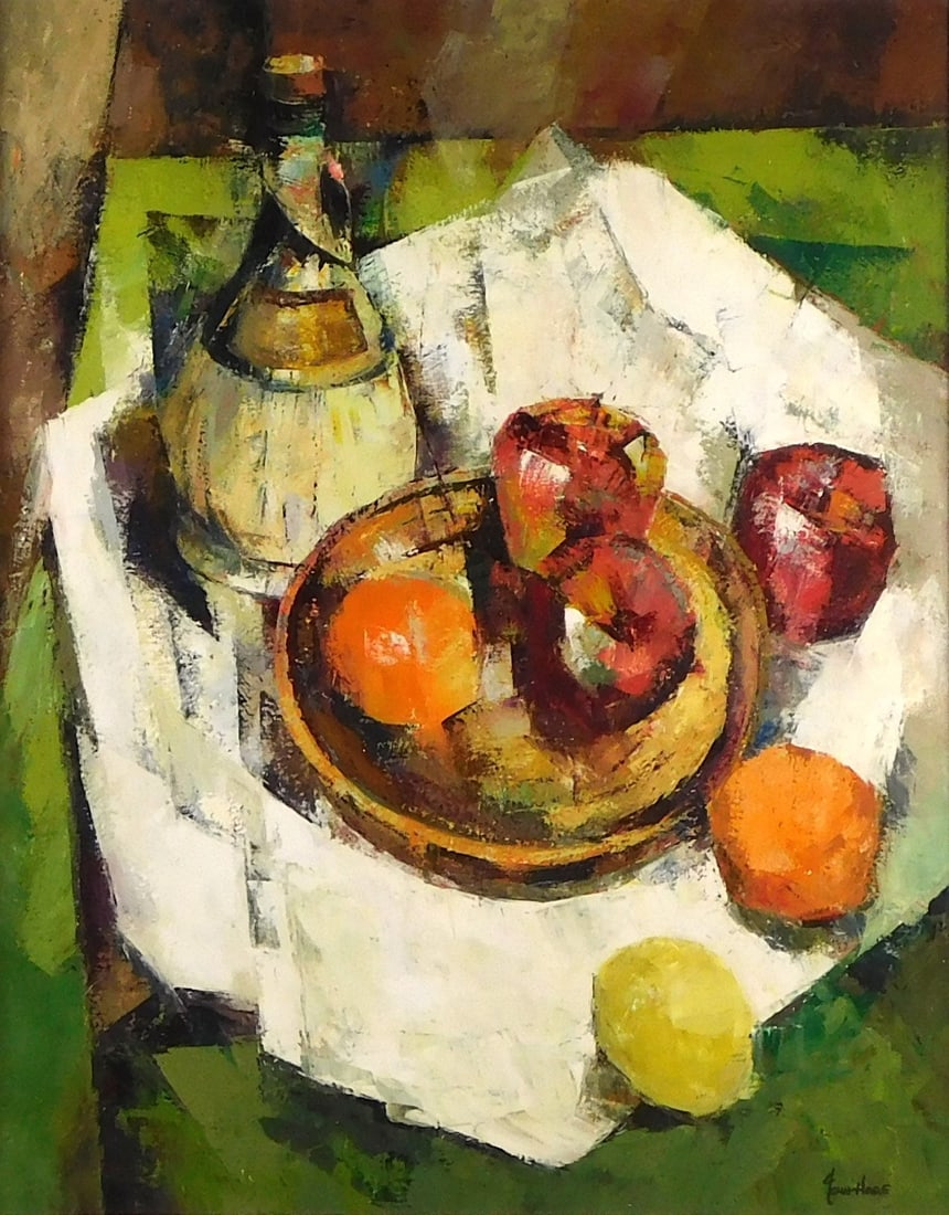 John Cuthbert Hare (American, 1908 - 1978), "Untitled (Still Life with Apples)", oil on canvas,: John Cuthbert Hare (American, 1908 - 1978), "Untitled (Still Life with Apples)", oil on canvas, depicts a Cubist style still life with the viewer looking down on to basket of scattered fruit beside a