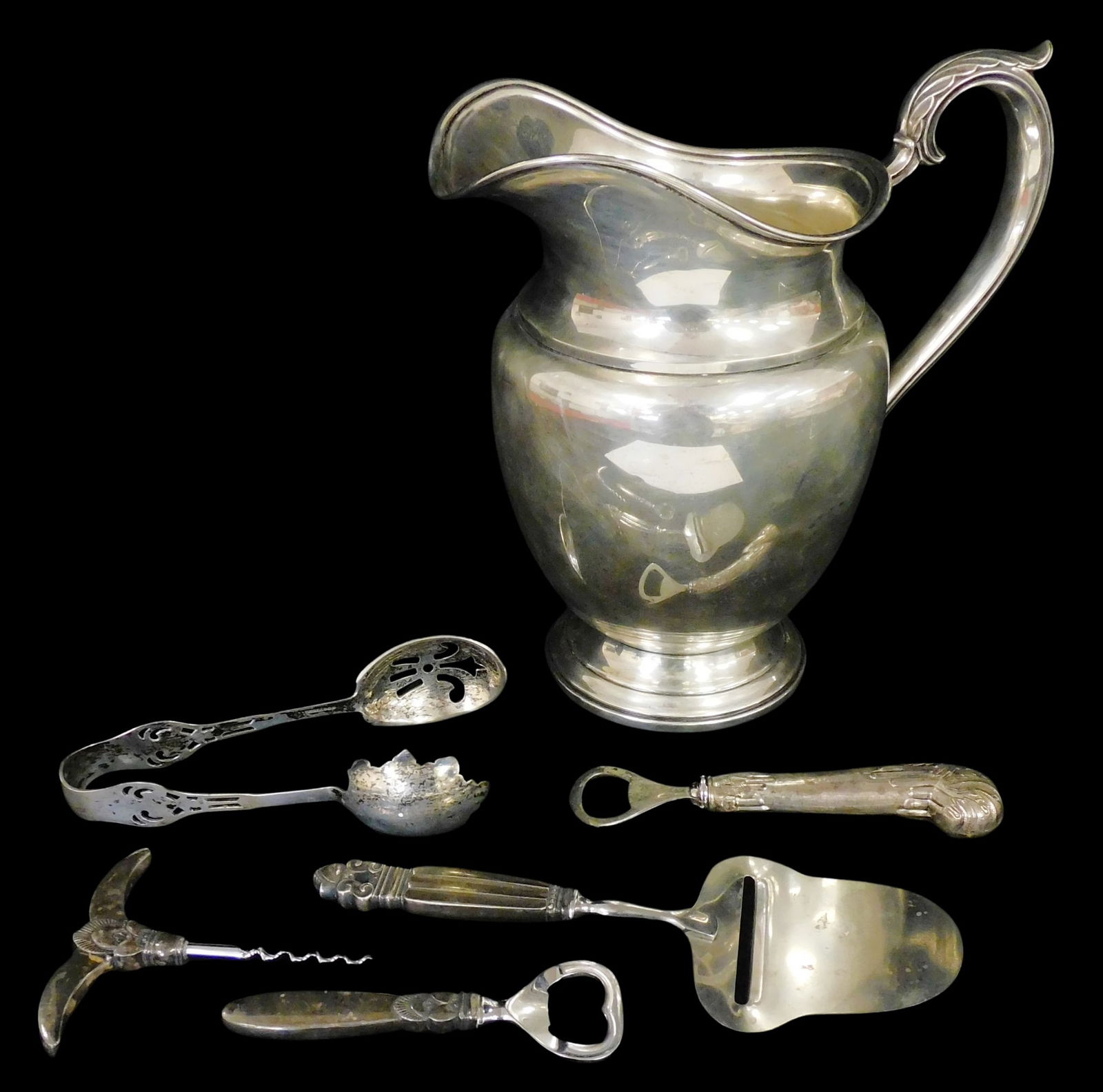 STERLING: Georg Jensen, Gorham, etc., six sterling silver pieces, including: two Georg Jensen "Cactu: STERLING: Georg Jensen, Gorham, etc., six sterling silver pieces, including: two Georg Jensen "Cactus" pattern bar tools, including bottle cap opener and wine bottle opener, with stainless steel parts
