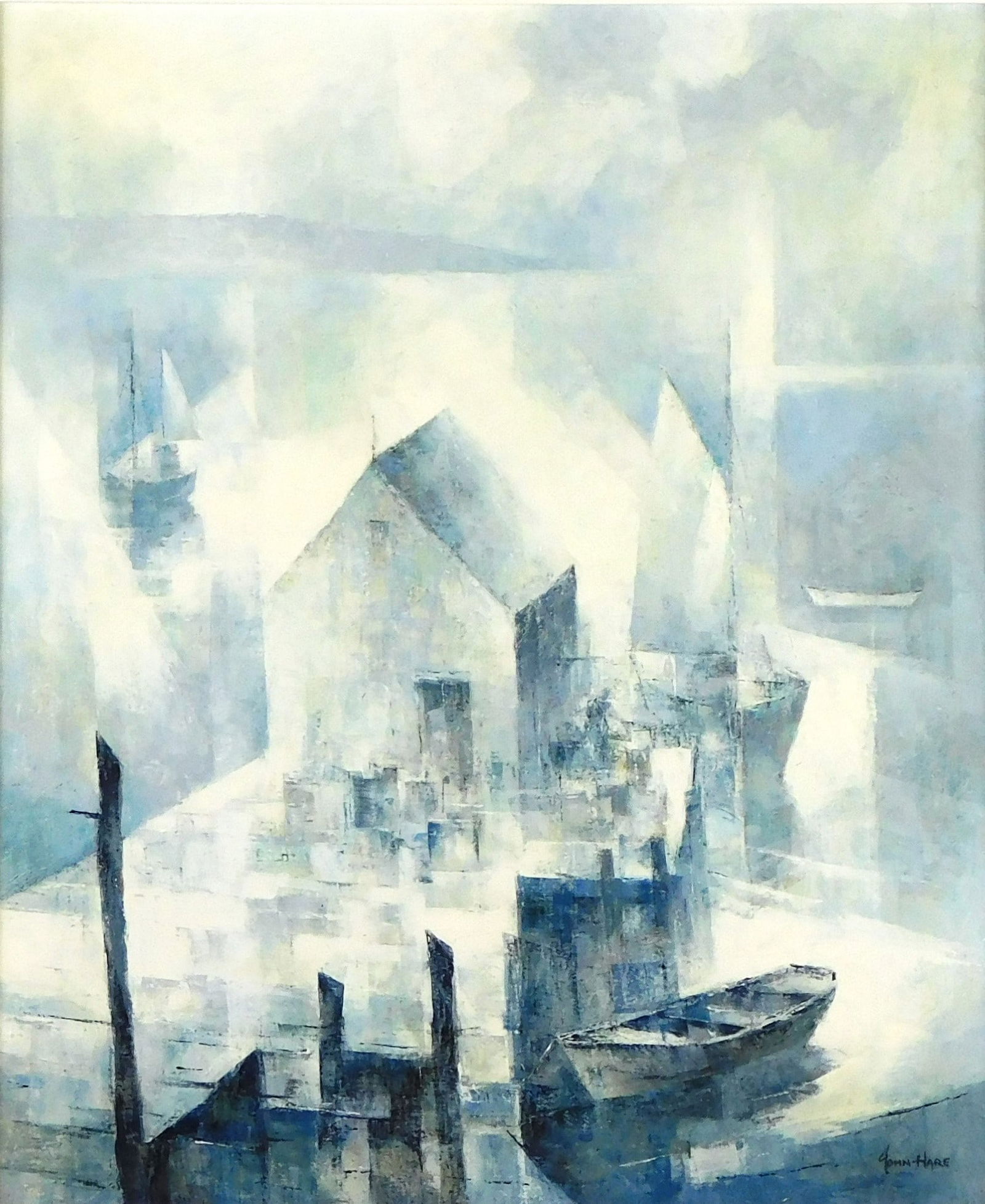 John Cuthbert Hare (American, 1908-1978), "Foggy Wharf from Above", oil on canvas, depicts a Cubist: John Cuthbert Hare (American, 1908-1978), "Foggy Wharf from Above", oil on canvas, depicts a Cubist style harbor scene in tones of white, blue and grey, birds-eye composition of end of pier, shack and