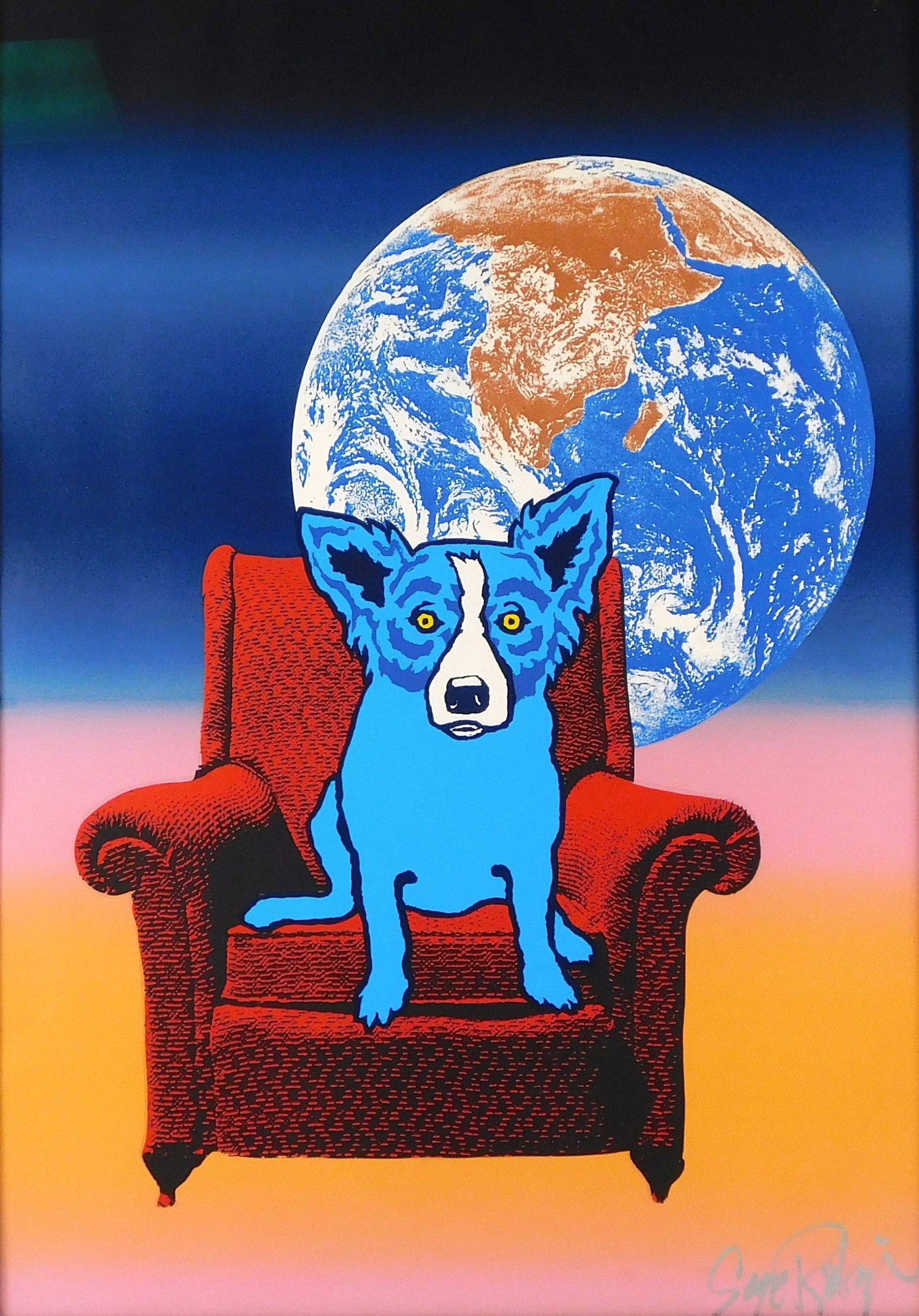 George Rodrigue (American / Louisiana, 1944-2013), "Space Chair", 1992, silkscreen, depicts Blue Dog: George Rodrigue (American / Louisiana, 1944-2013), "Space Chair", 1992, silkscreen, depicts Blue Dog seated in Pop-Art style red wingchair with the Earth partly blocked behind, graduated background in