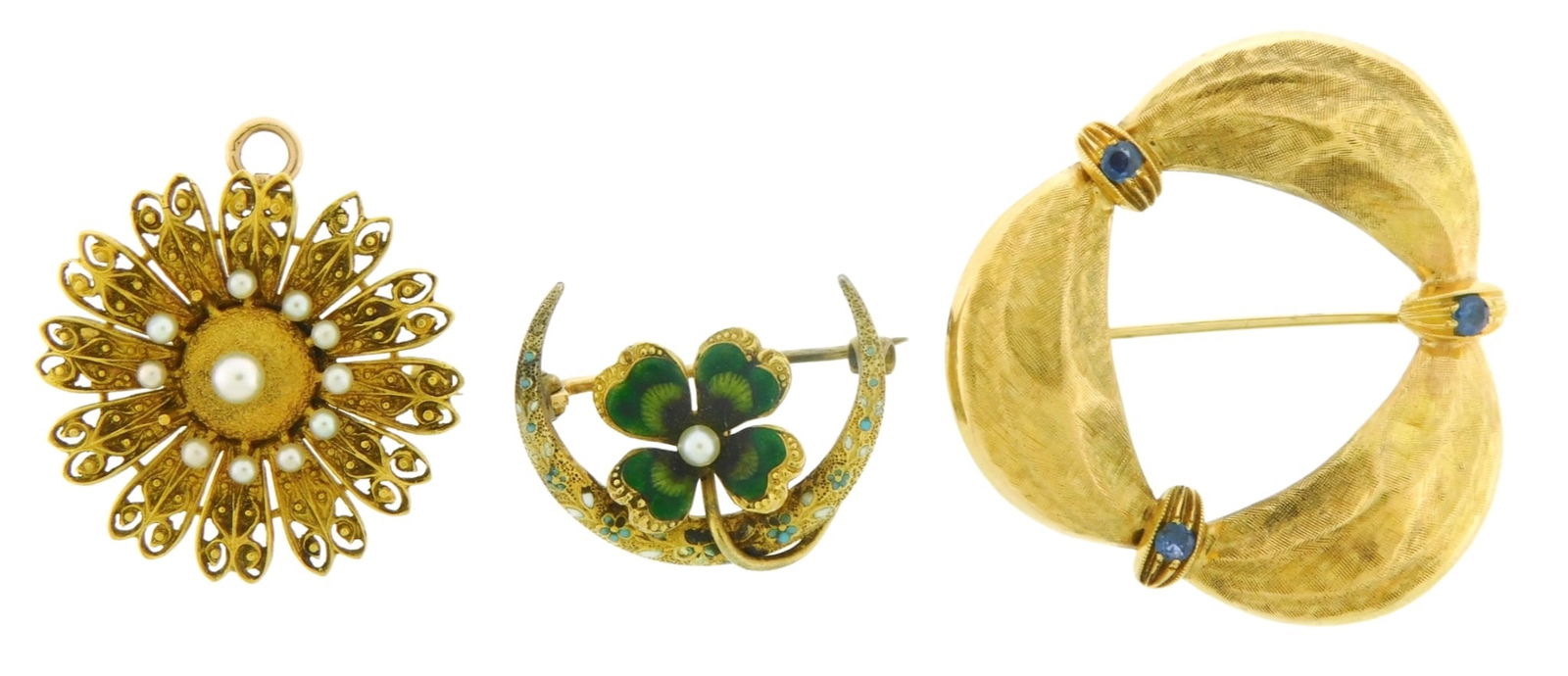 JEWELRY: Three 18K gold pins, including: crescent with green enameled four-leaf clover, set with one (1 of 4)