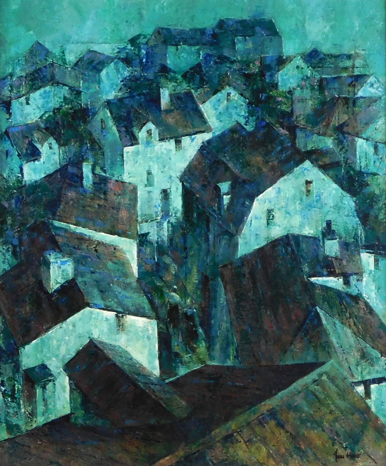 John Cuthbert Hare (American, 1908-1978), "Rooftops Lisbon", oil on canvas, depicts a birds-eye view: John Cuthbert Hare (American, 1908-1978), "Rooftops Lisbon", oil on canvas, depicts a birds-eye view of cityscape at night, signed lower right, title on applied label verso, framed and matted, wear co