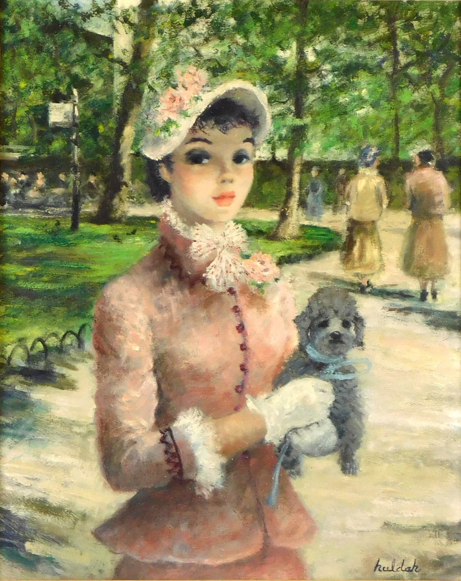 Huldah Cherry Jeffe (American, 1901-2001), "In Central Park", 1950, oil on canvas, depicts a young: Huldah Cherry Jeffe (American, 1901-2001), "In Central Park", 1950, oil on canvas, depicts a young brunette woman in pink bonnet and matching skirted suit, holding grey miniature poodle, dappled light