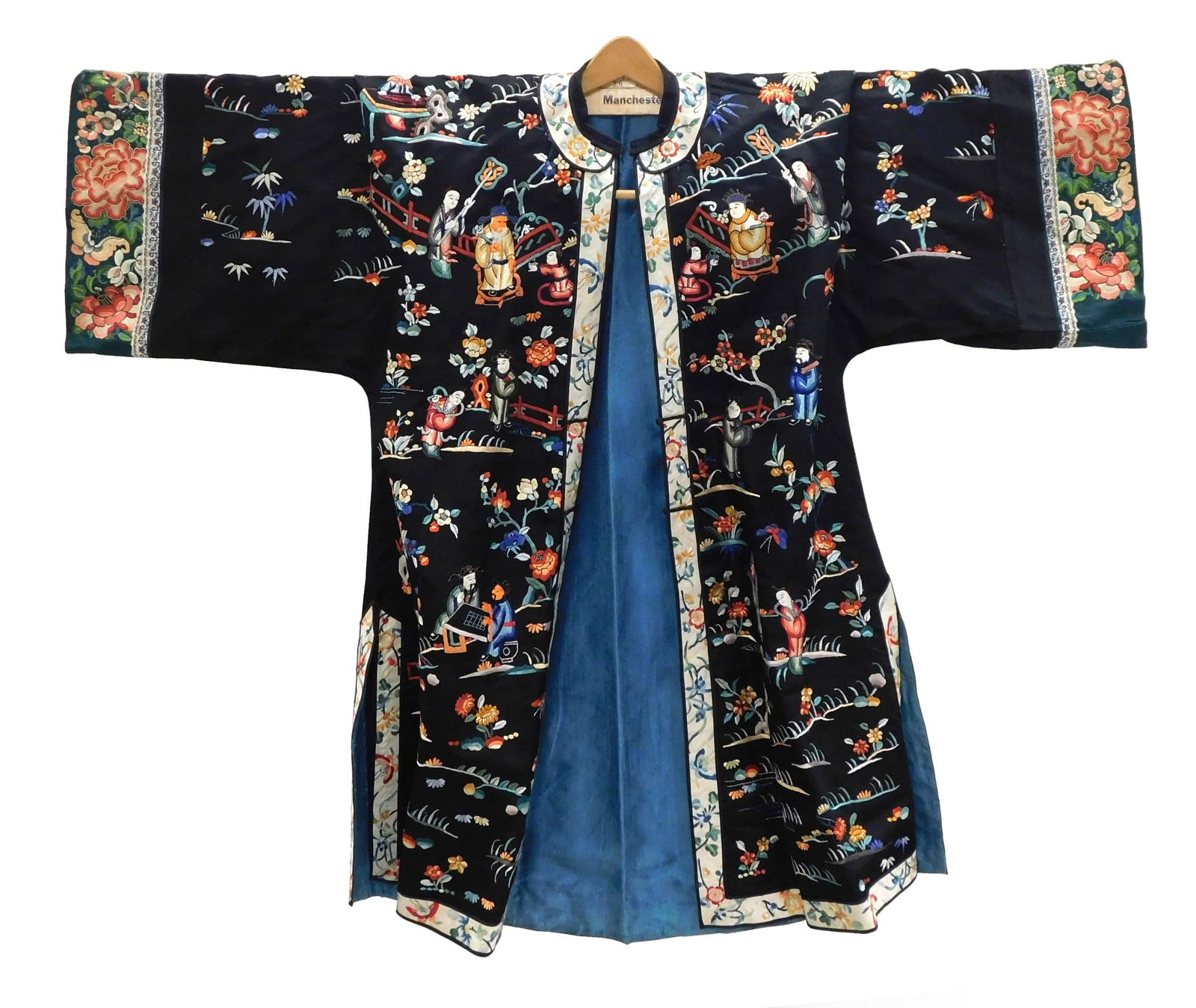 ASIAN: Silk robe with silk embroidery, Chinese, late 19th/20th C., hand stitched, with polychrome (1 of 2)