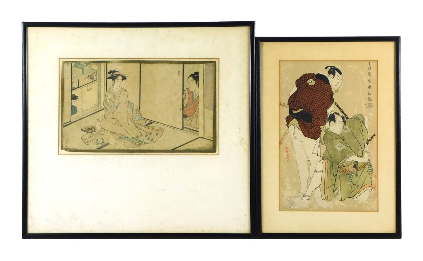ASIAN: Two Japanese woodblock prints, the first by Toshusai Sharaku (1794-1795) featuring actors (1 of 9)