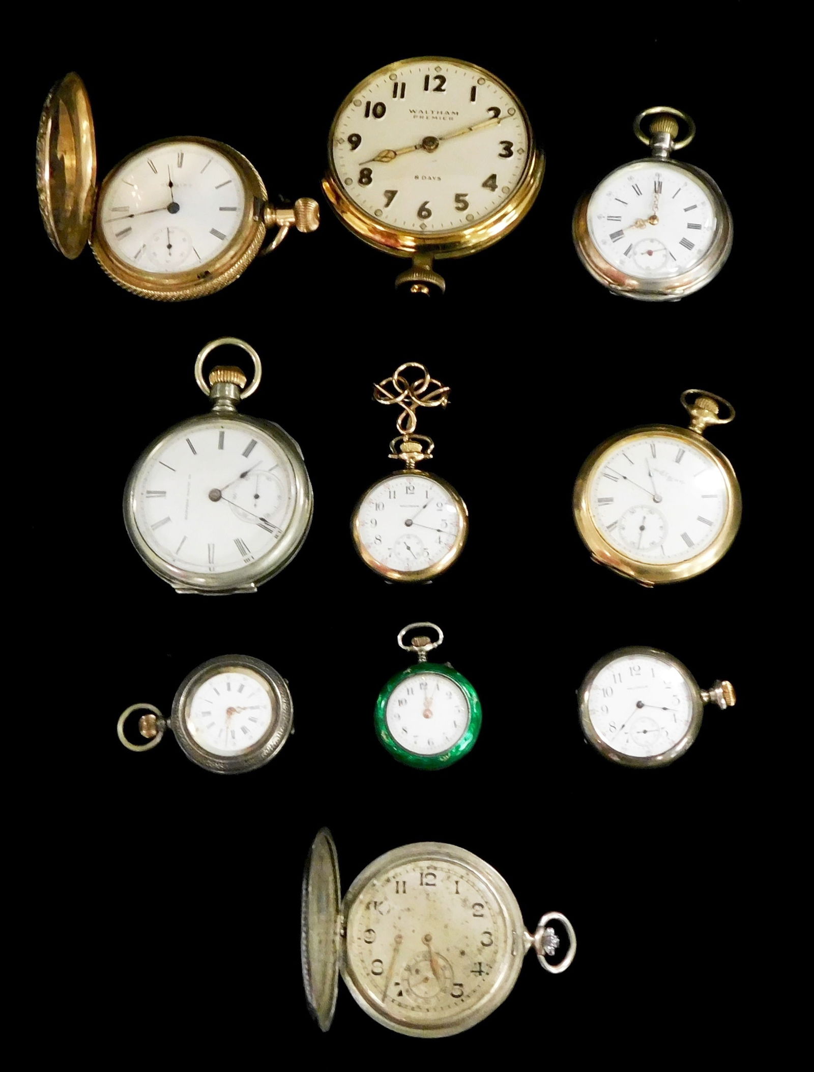 JEWELRY: Ten pocket watches, late 19th/early 20th C., all winding, brands include Waltham, Elgin, (1 of 4)