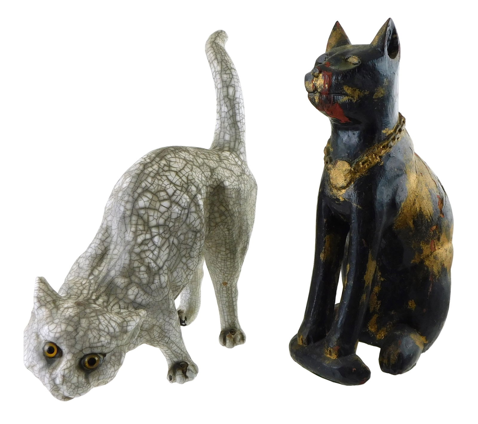 SCULPTURE: Two cat sculptures, including: redware cat with white crackle glaze, glass eyes, with (1 of 8)