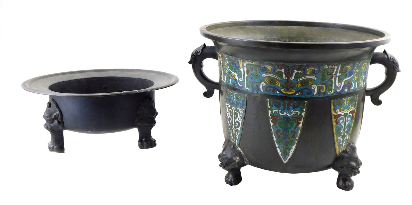 ASIAN: Two Chinese censors, including: bronze and champleve enamel censer, Chinese, Qing Dynasty, (1 of 5)