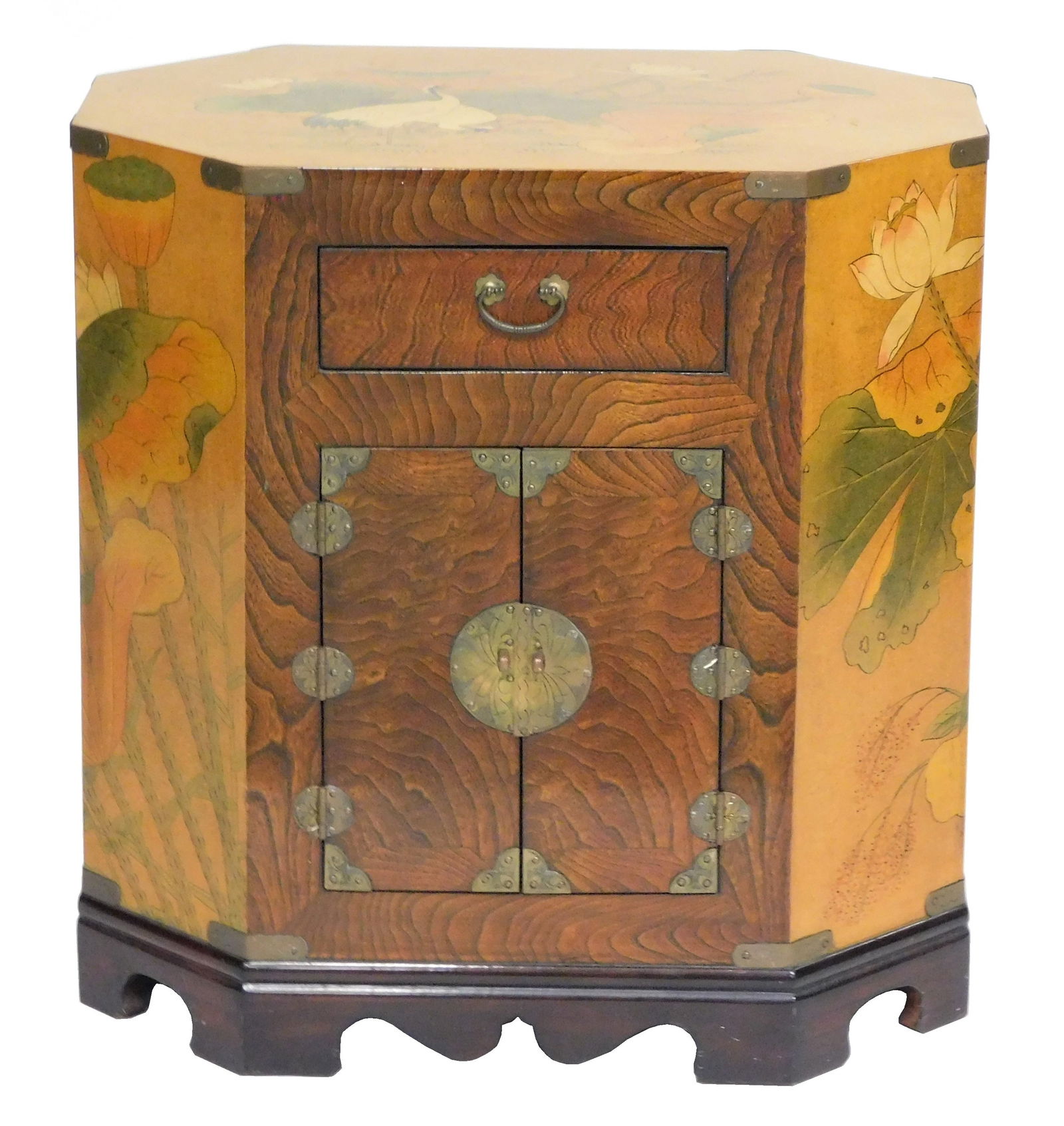 +ASIAN: Small lacquered cabinet, 20th C., elongated octagonal top and sides, front with small drawer (1 of 5)
