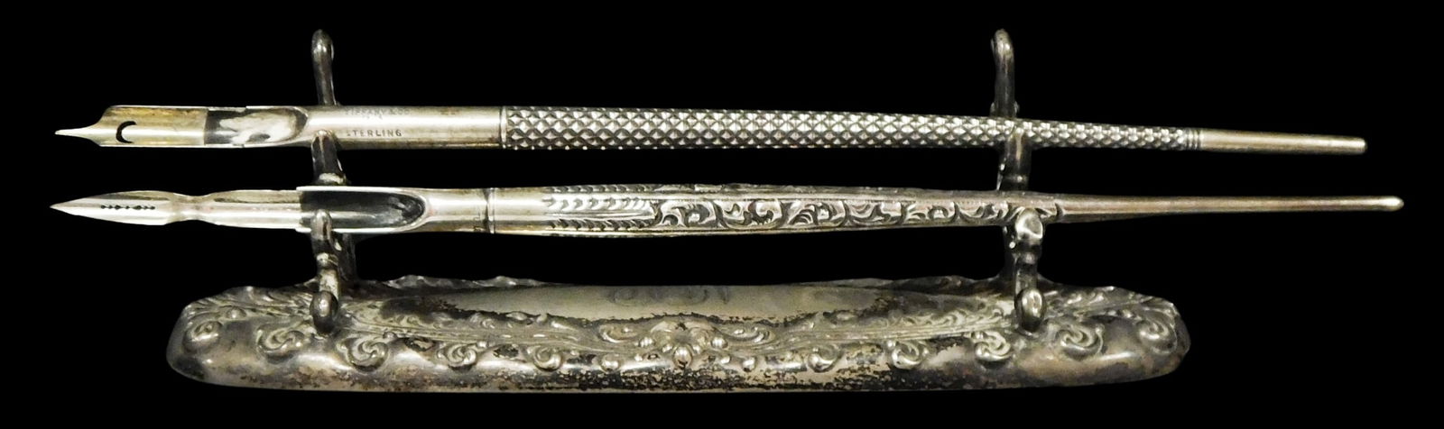 STERLING: Tiffany & Co., etc., weighted sterling silver pen holder with two sterling dip pens, (1 of 4)