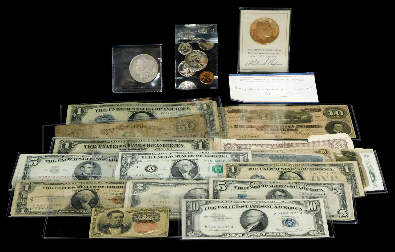 COINS: US and world currency, coins and exonumia, including: two series 1923 large size $1 silver: COINS: US and world currency, coins and exonumia, including: two series 1923 large size $1 silver certificates in Good-4; one series 1935 Hawaii $1 note in Fair-2; one 10 cent fractional currency note