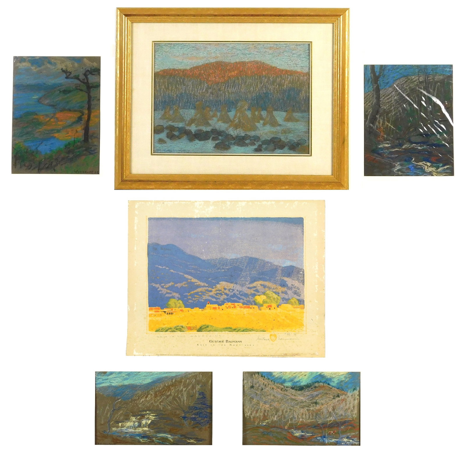 Six artworks, including five by John Kellogg Woodruff (Connecticut, 1879-1956), pastel on paper; one (1 of 7)